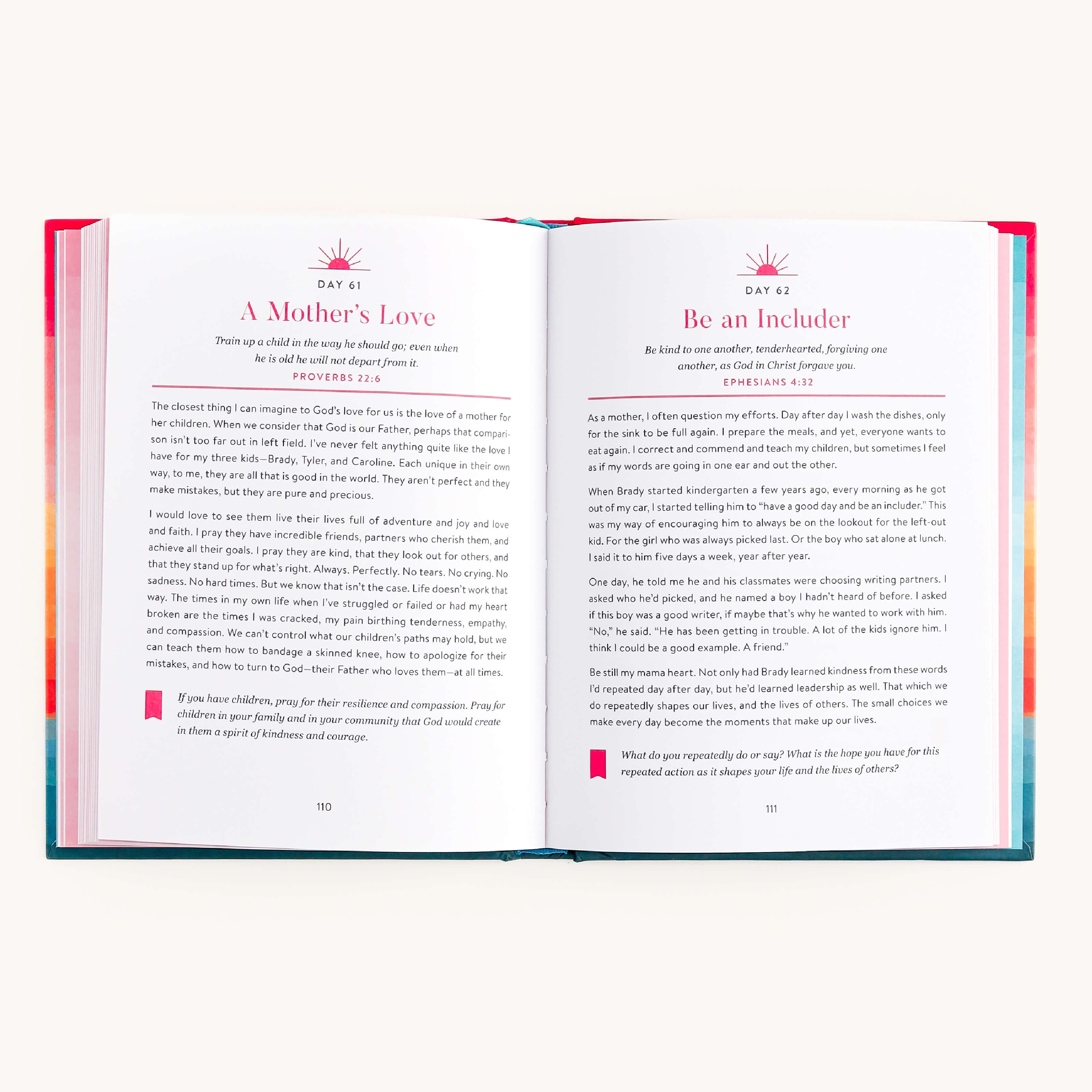 Sure as the Sunrise, by Emily Ley for Simplified, features an open book with pages titled Day 61: A Mothers Love and Day 62: Be an Includer. Each page contains motivational passages ideal for morning reflection, accompanied by scripture references to inspire daily routines.