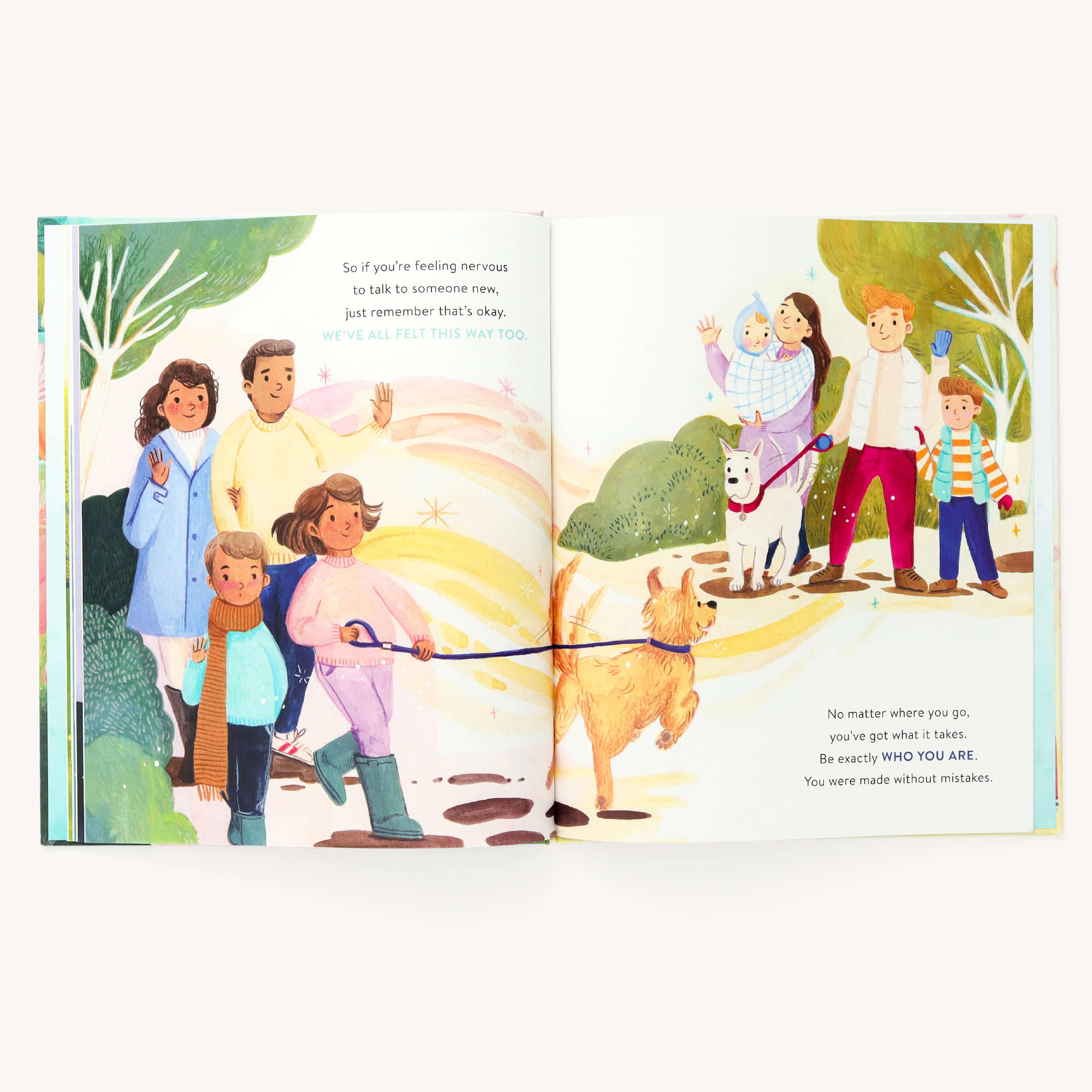 In Youll Always Have a Friend by Emily Ley, colorful pages show a diverse group waving on the left and a family walking with their dog on the right. The text encourages embracing nervousness and being yourself despite mistakes, all depicted in bright, cheerful colors. Brand: Simplified.