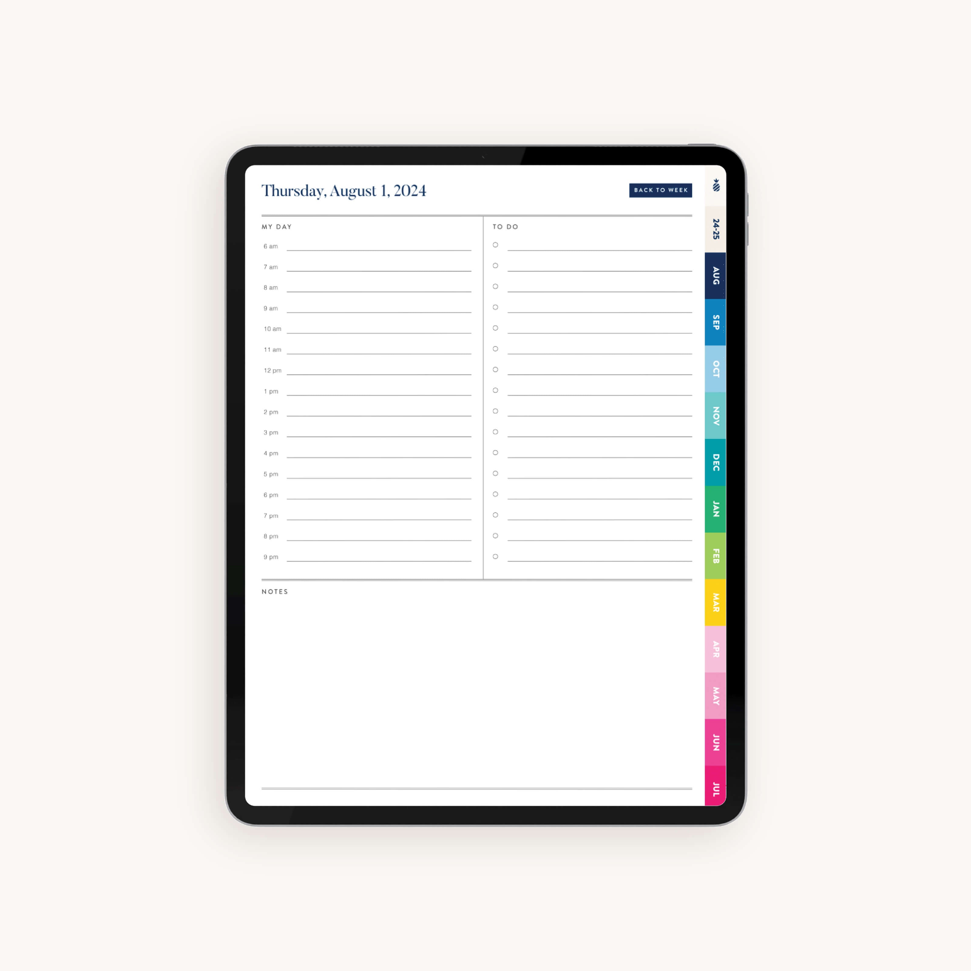 Daily planning page in the 2024-2025 Digital Simplified Planner offering ample space for hourly scheduling, to-do lists, and notes, enhancing productivity for digital planners.