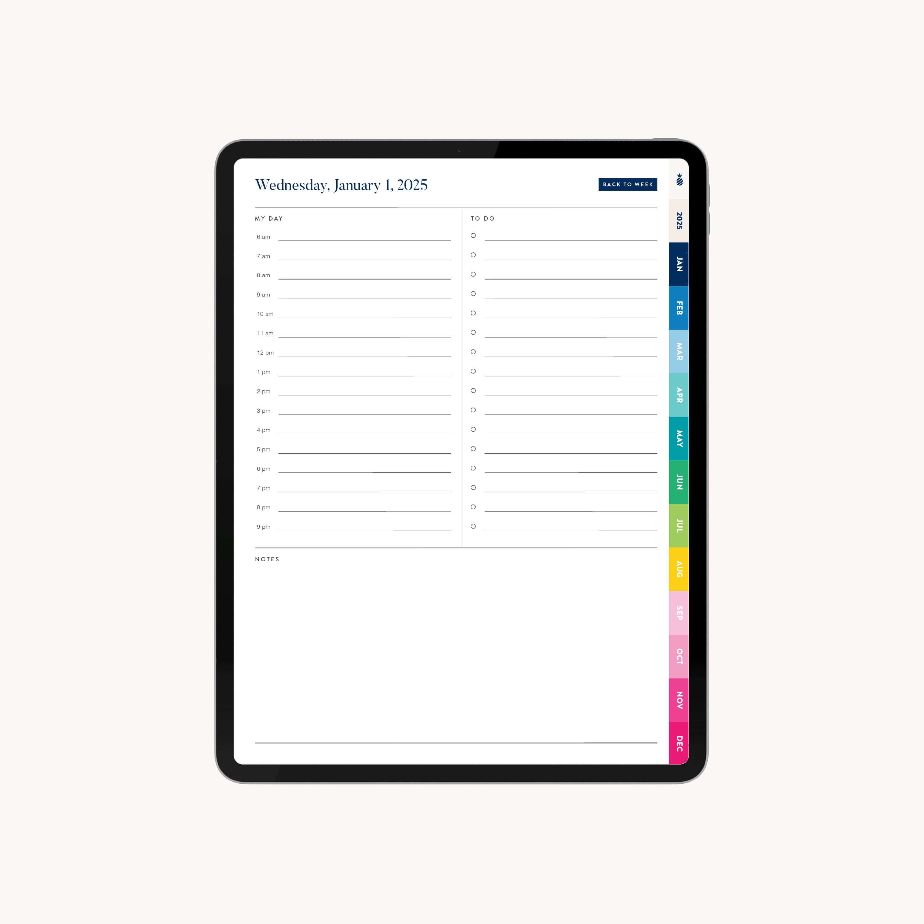 Daily planning page in the 2025 Digital Simplified Planner offering ample space for hourly scheduling, to-do lists, and notes, enhancing productivity for digital planners.