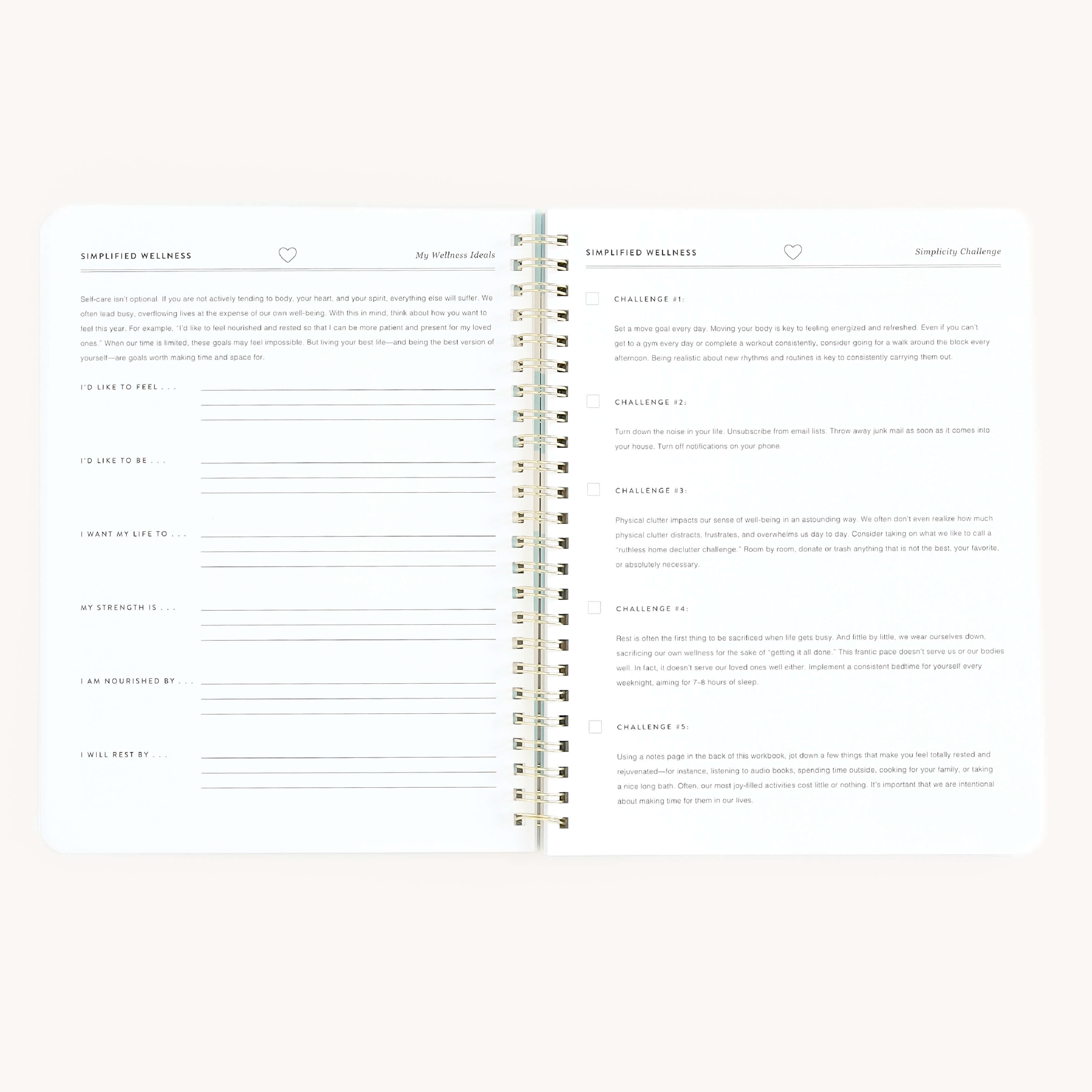 The Workbook - Wellness by Simplified is a minimalist spiral-bound notebook featuring two pages with text and lines. It includes prompts for personal reflection, a checklist of challenges, and goal-tracking spaces, fostering focus and self-care with its clean layout.