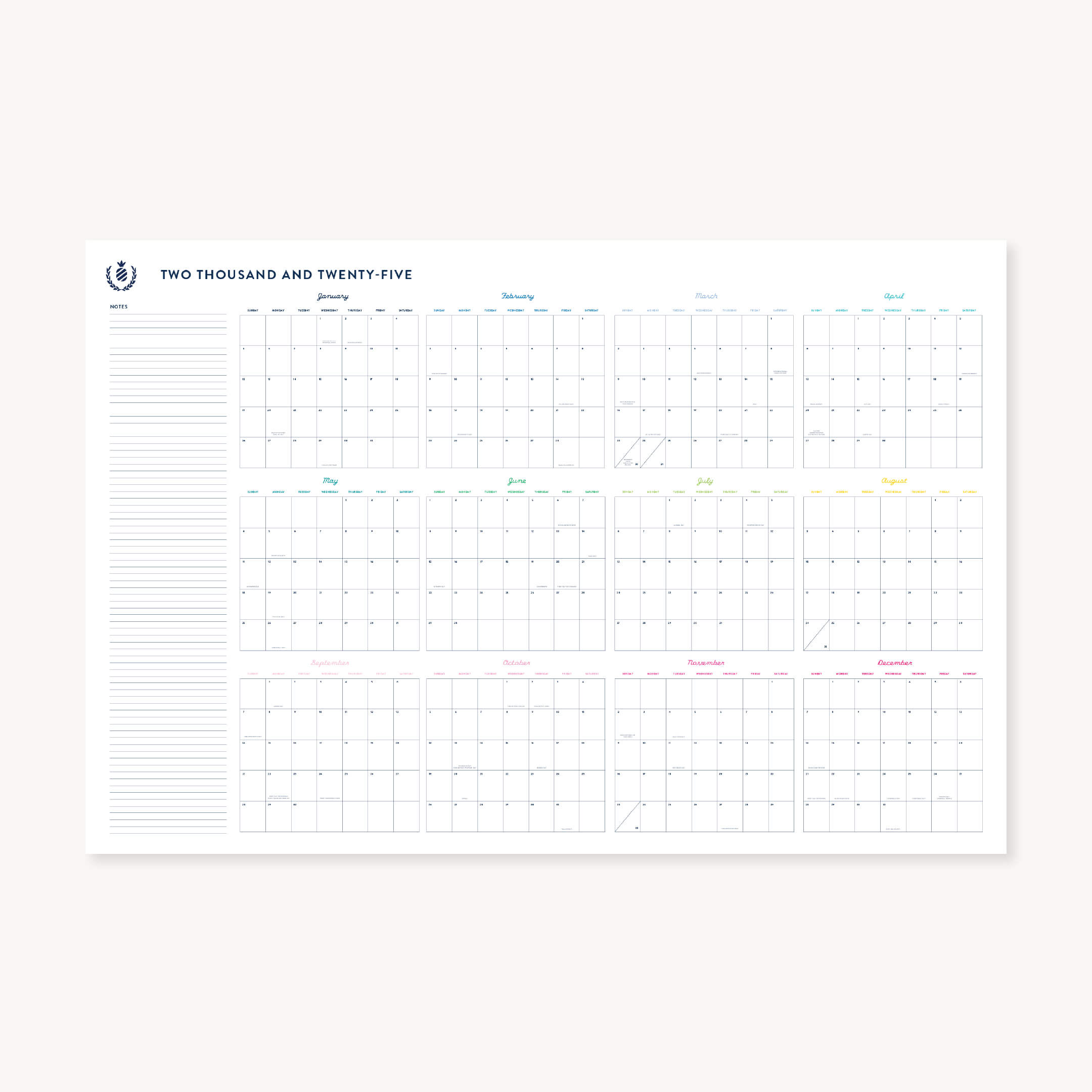 The 2025 Wall Calendar - Printable by Simplified is a digital download featuring a minimalist design on white. With months in a grid, space for notes on the left, clearly marked days, and subtly highlighted weekends, it offers an elegantly engineered print design.