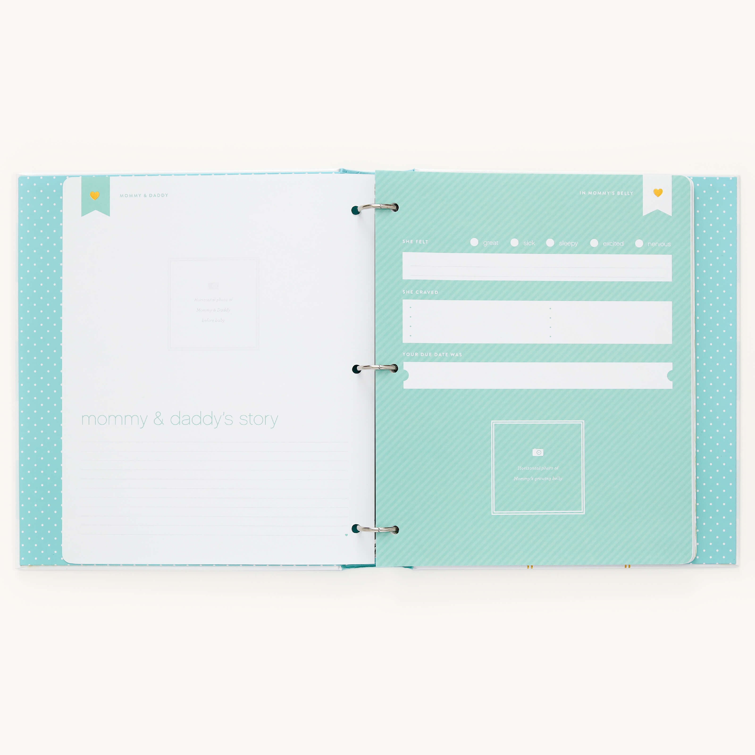 The Baby Book - Mint by Simplified is an open ring binder scrapbook with turquoise pages. The left page, titled mommy & daddys story, has polka dots and writing spaces; the right page includes sections for family details, a photo square, and customizable design elements—ideal for a personalized baby book.