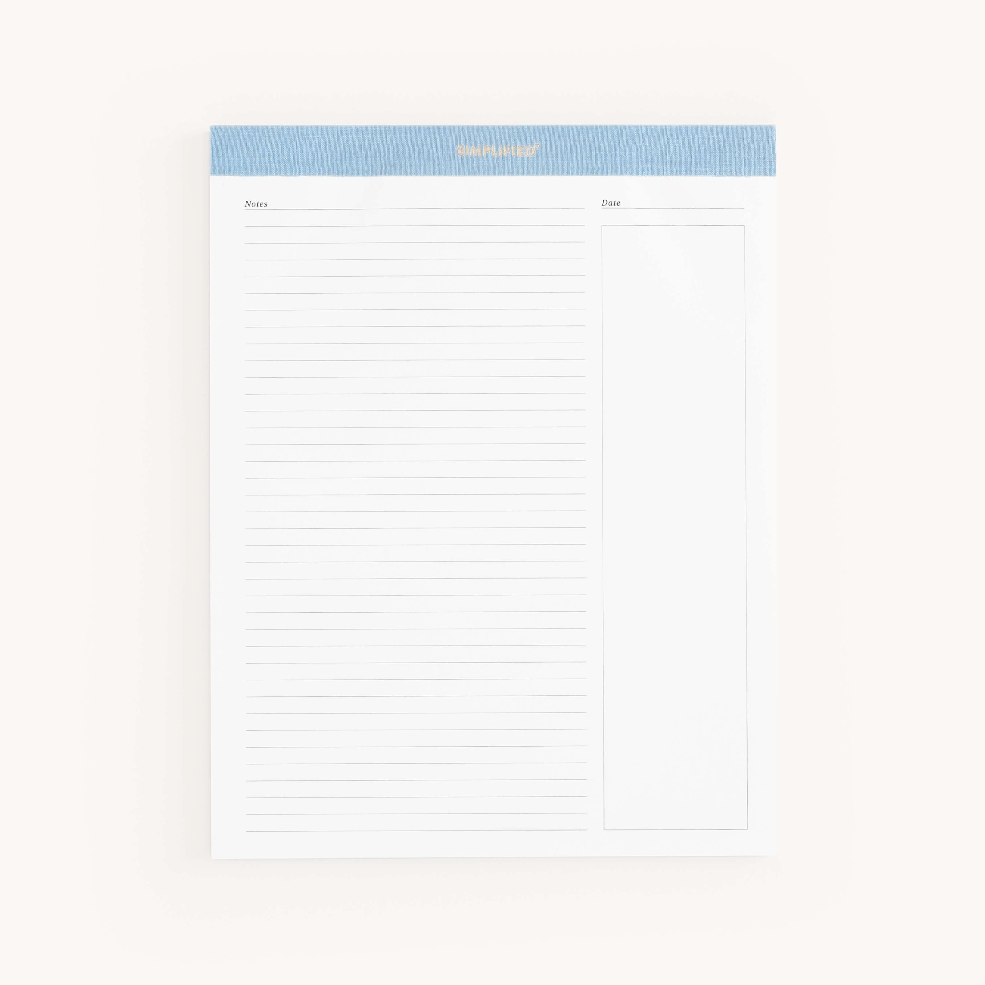 The Simplified Legal Pad Set - Navy & Carolina features a lined notepad with a blue header made from premium paper. It includes Notes and Date spaces in gold foil at the top, and a blank column on the right for extra notes or lists, offering practicality akin to the Dapperdesk Legal Pad.