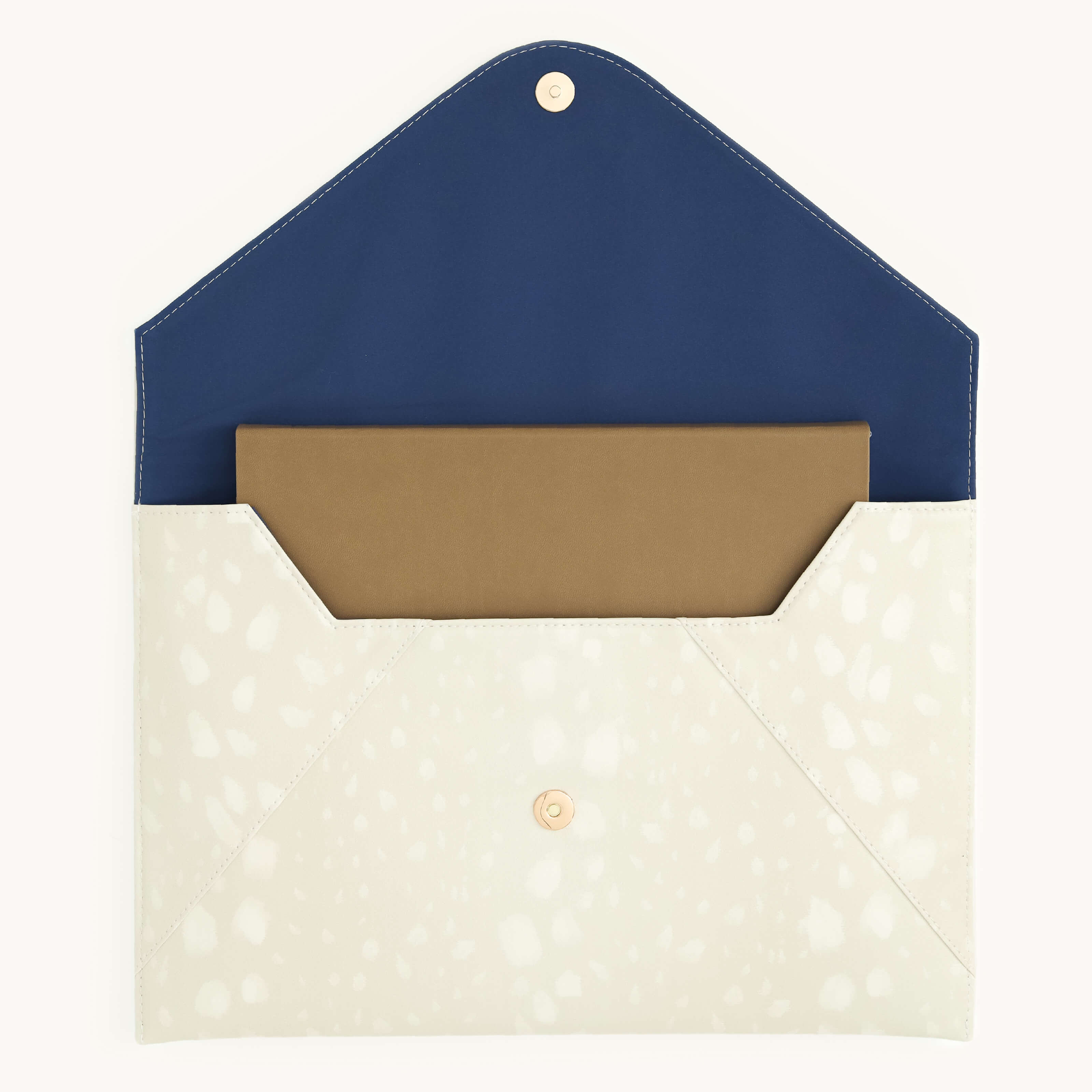 The Ivory Antelope Leatherette Tech Case by Simplified is a white envelope-style pouch with a hand-painted pattern, blue interior, and button closure. It holds a partially visible brown rectangular object against a plain white background.