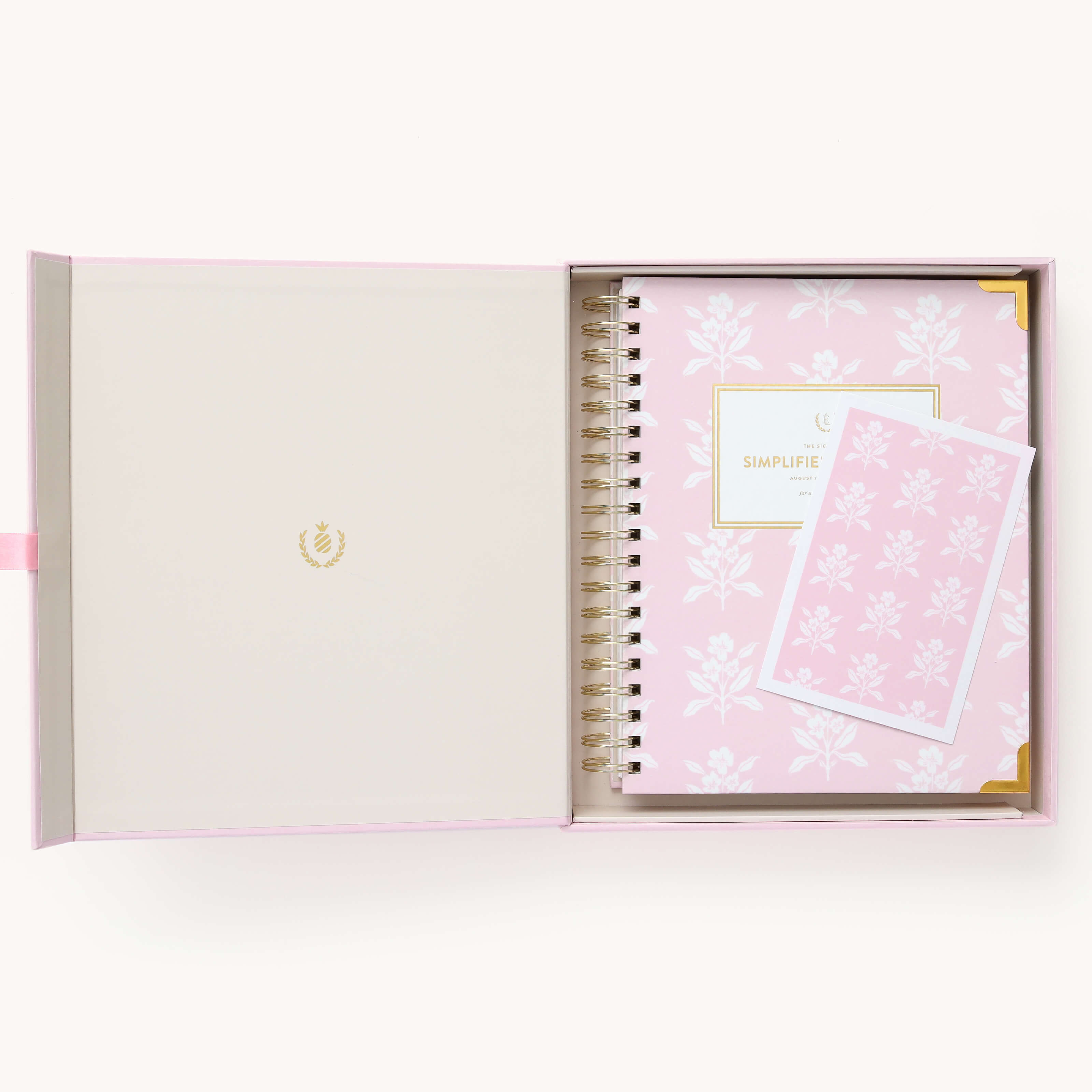 2024-2025 Academic Year Weekly Simplified Planner by Emily Ley in the Blush Block cover design, placed inside a light blue and green keepsake box with gold foil detailing. Includes a matching art print for added inspiration. Perfect for organization, time management, and productivity. 