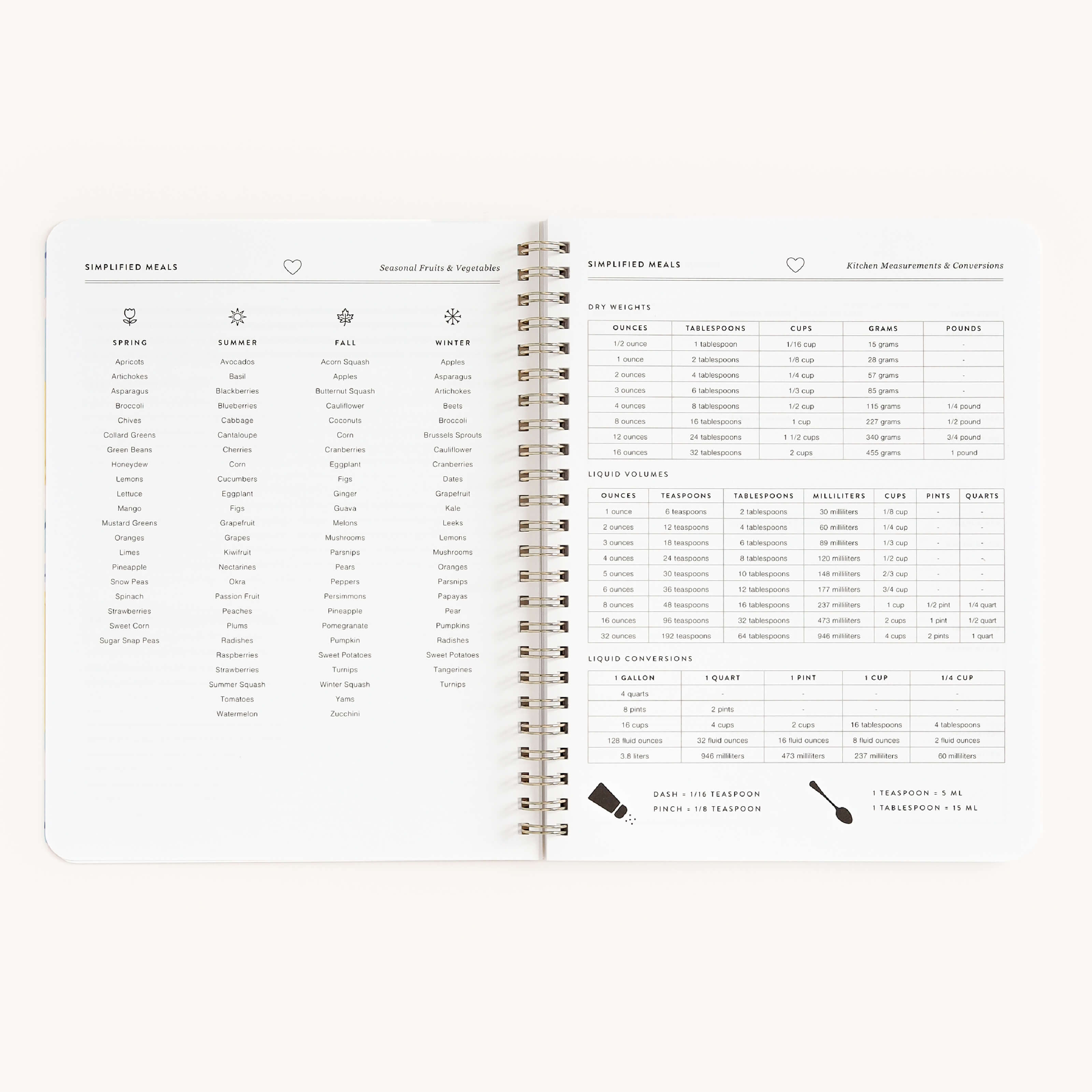 The Simplified Workbook - Meal Planning is an open spiral-bound planner showcasing meal lists, kitchen measurements, and conversions. The left page highlights foods and utensils for grocery shopping; the right includes detailed tables for measuring dry and liquid ingredients.