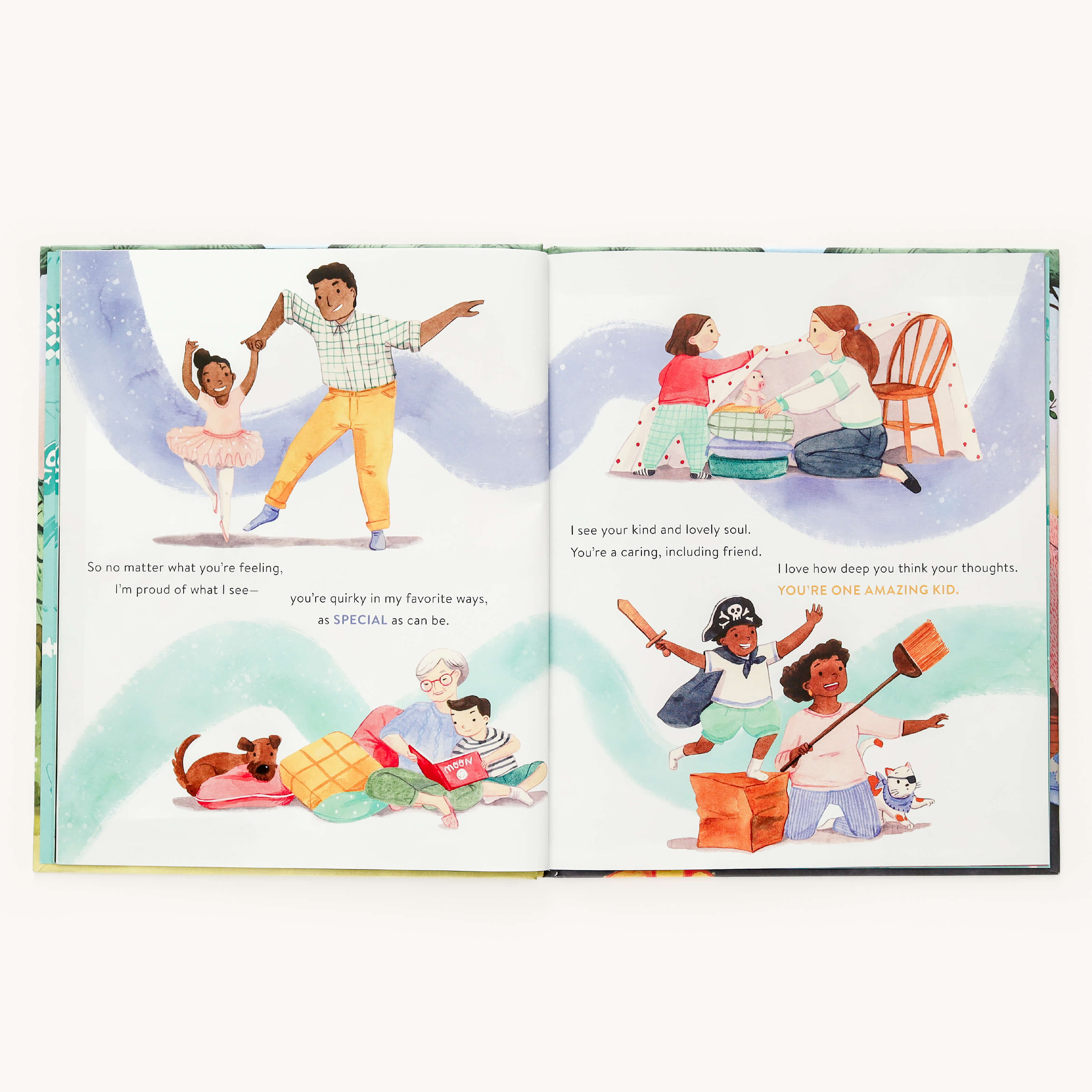 The open book Youre Always Enough by Emily Ley from Simplified shows vibrant illustrations: a girl dancing with an adult, two children with toys, a child reading to a dog, and another playing in a box. The text joyfully celebrates every childs individuality and self-esteem.