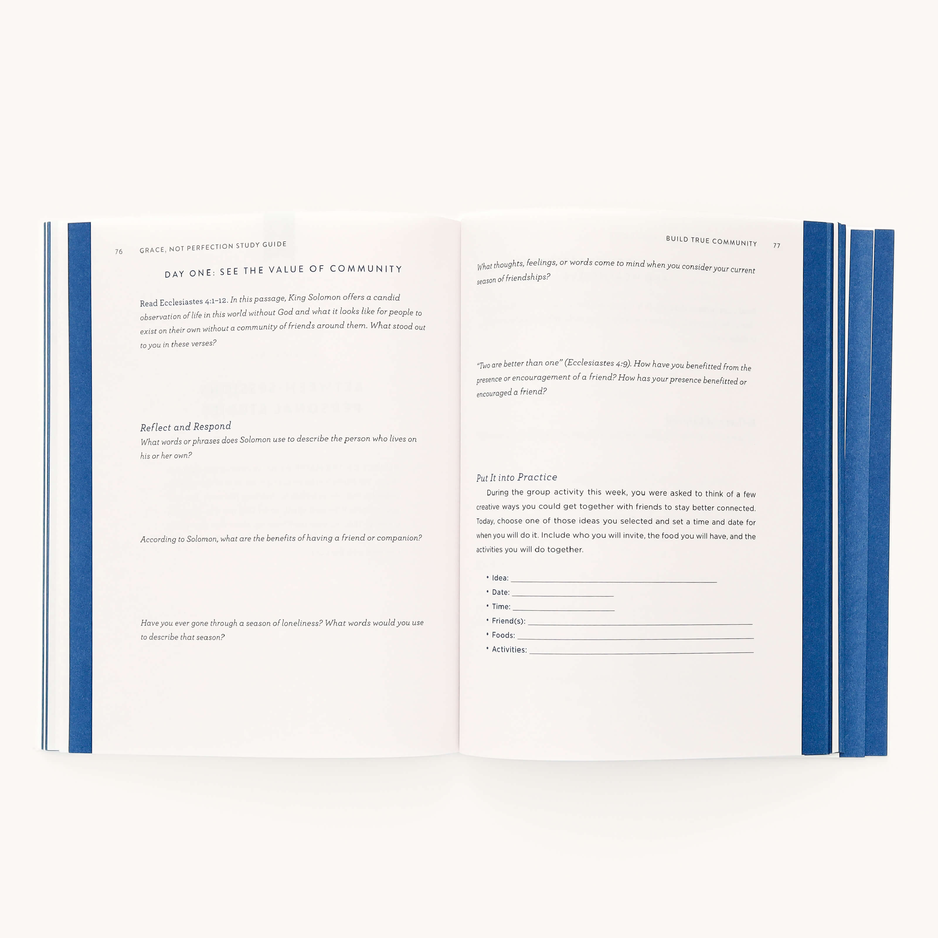 The open book features the Grace Not Perfection Study Guide by Emily Ley, under the brand Simplified. The left page titled Reflect and Respond prompts personal insights, while the right page offers a Put It into Practice exercise with bullet points to streamline your life.