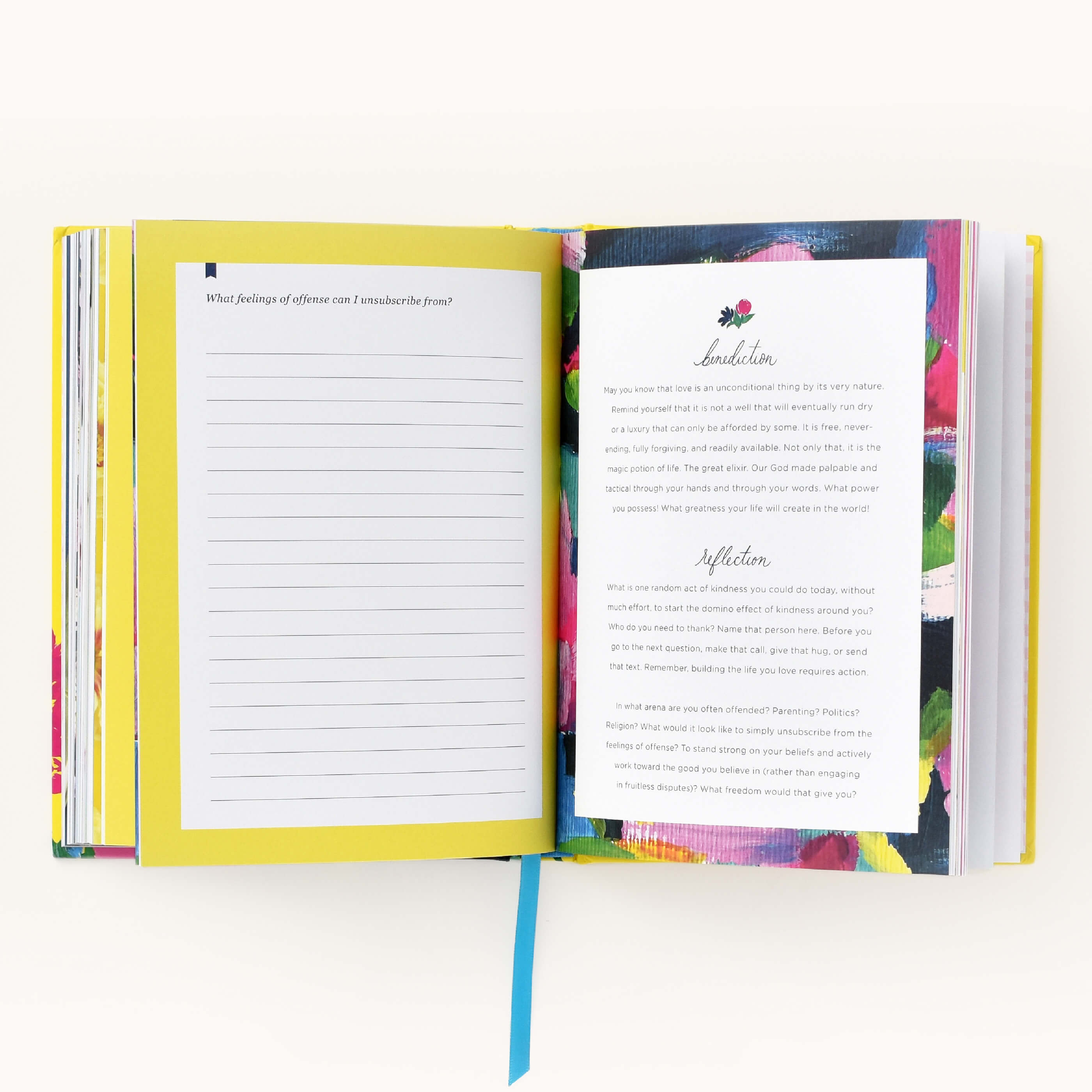 Growing Boldly - by Emily Ley, from Simplified, is a journal with a vibrant floral cover. Left pages have prompts and lines; right pages titled Intention and Affection encourage reflection. A blue ribbon bookmark complements the colorful bordered pages, perfect for your inspiring stories.