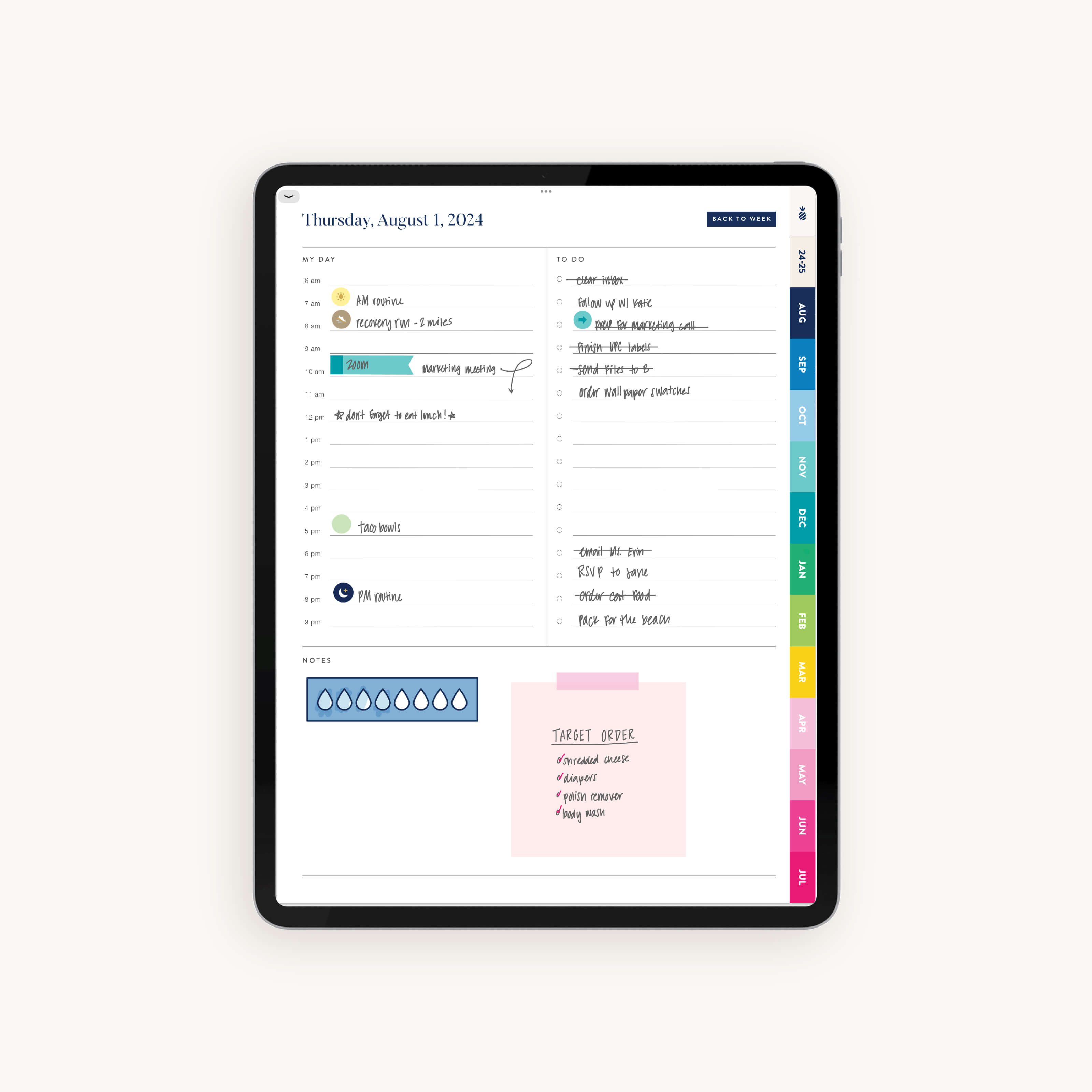 Daily planning page mocked up with handwriting in the 2024-2025 Digital Simplified Planner offering ample space for hourly scheduling, to-do lists, and notes, enhancing productivity for digital planners.