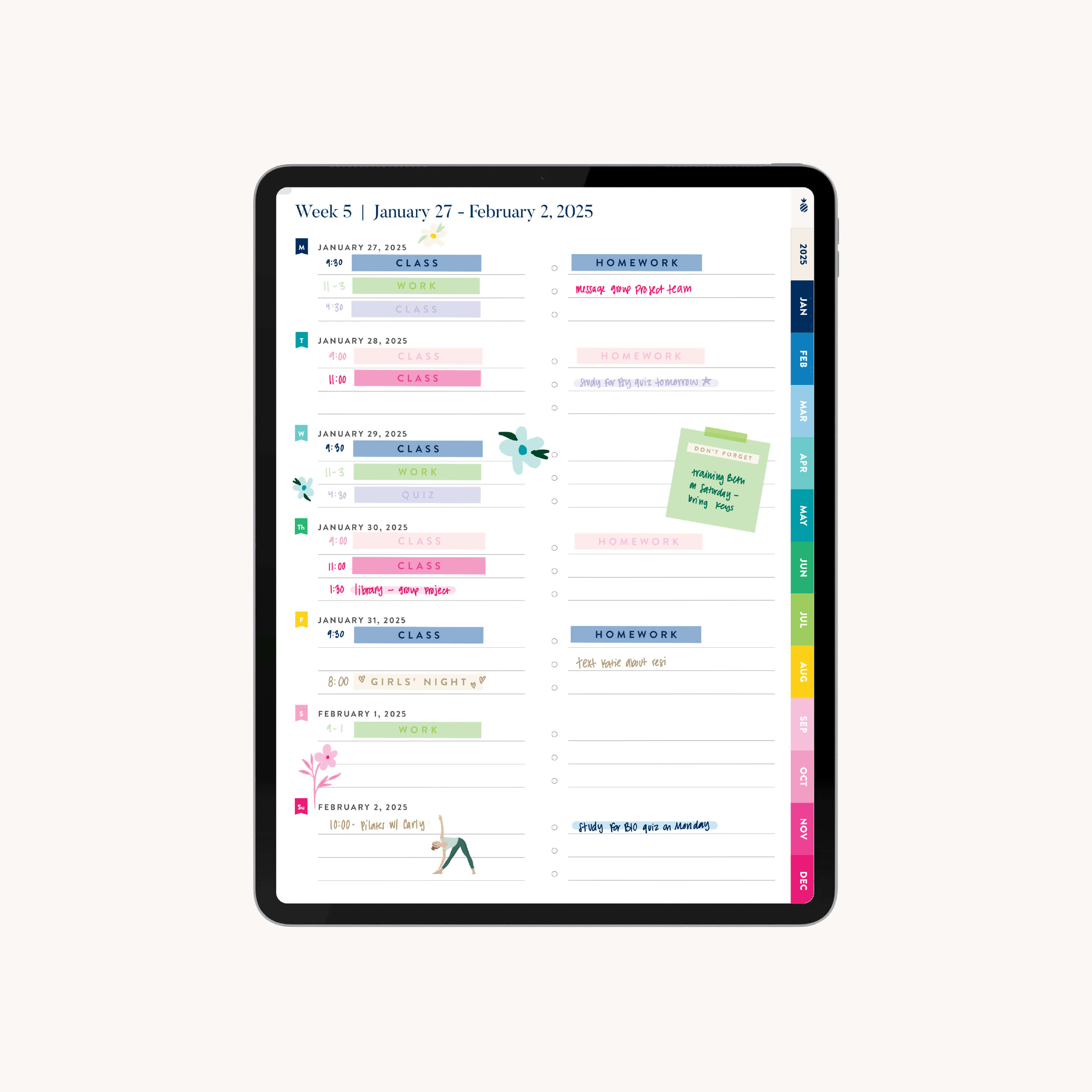 Daily planning page mocked up with handwriting in the 2025 Digital Simplified Planner offering ample space for hourly scheduling, to-do lists, and notes, enhancing productivity for digital planners.