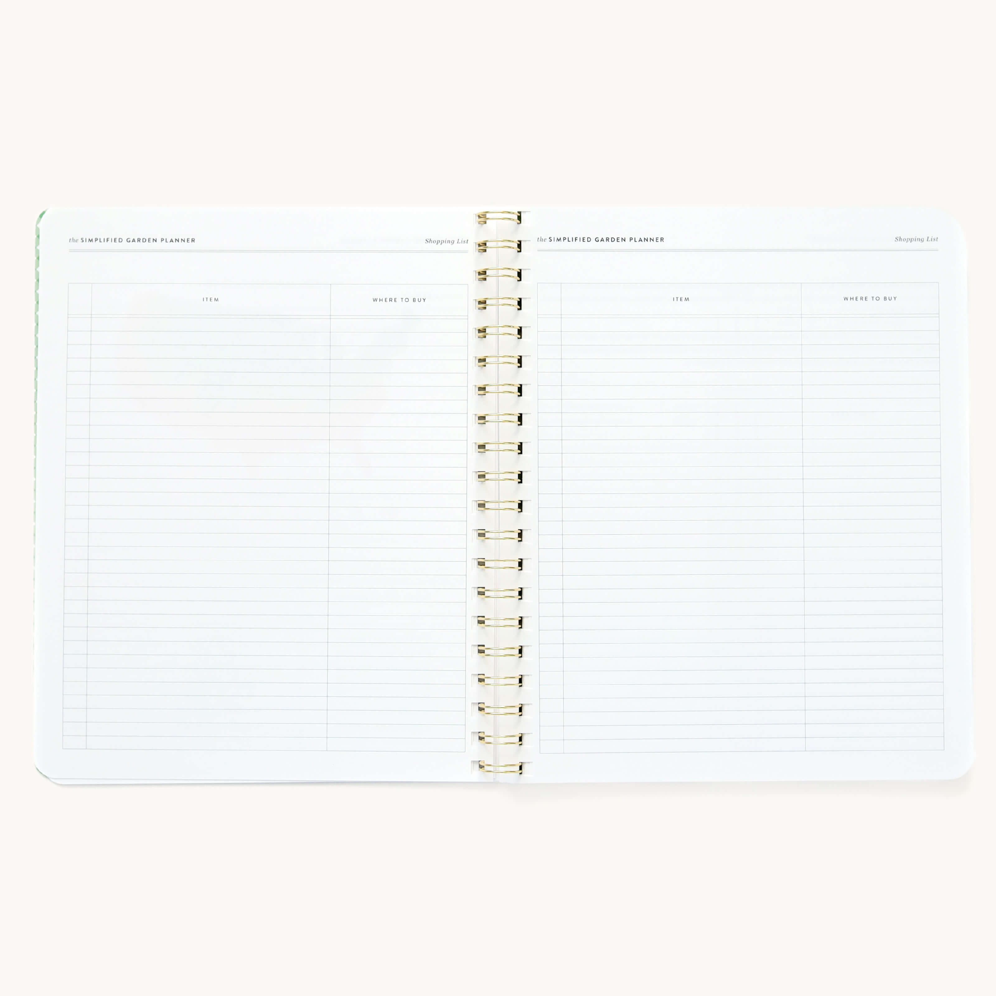 Shopping list pages in the Simplified Garden Planner. Features lined sections for items and where to buy.