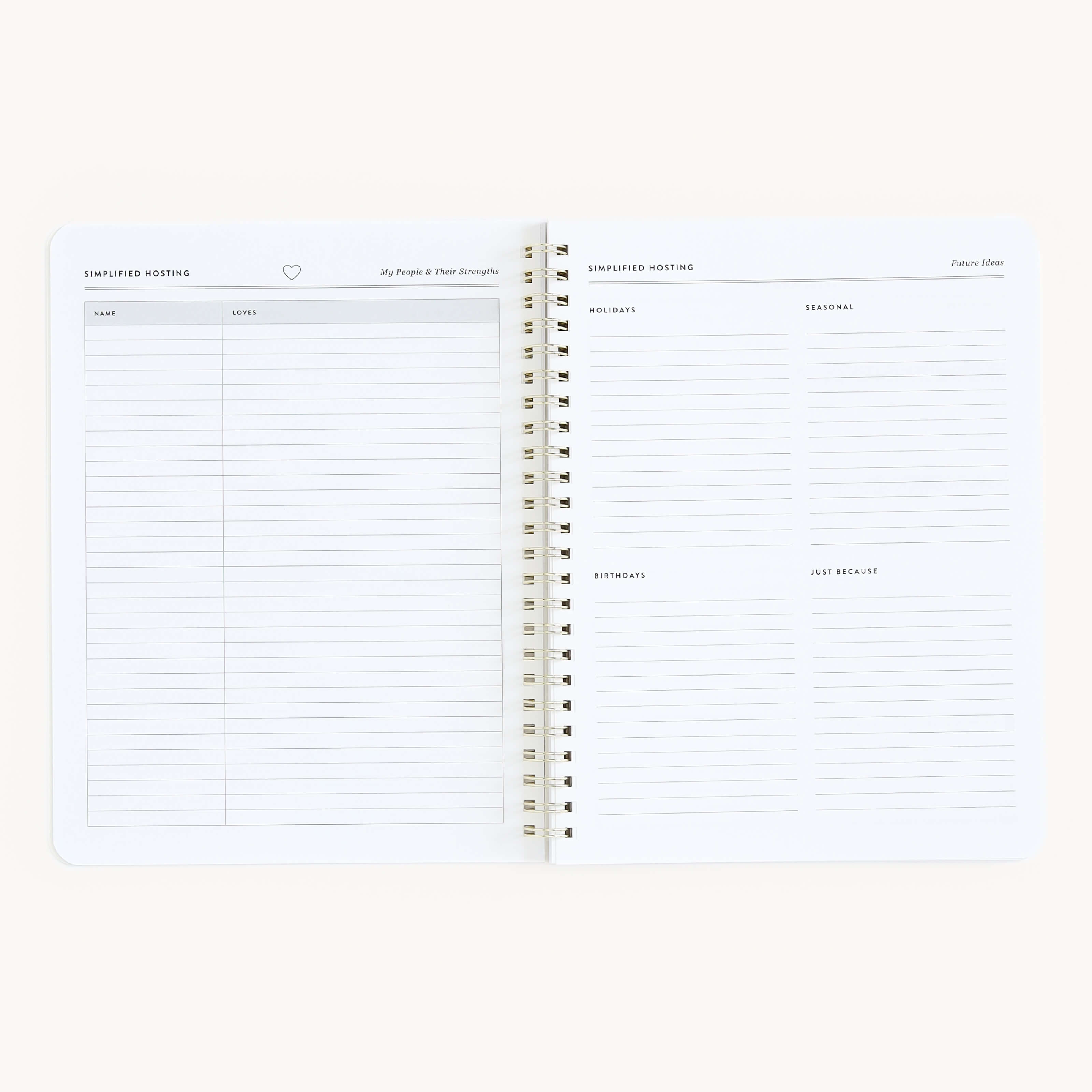 The Simplified Workbook - Hosting is a spiral-bound planner. On the left page, find lined sections for Name and Address, while the right page features quadrants: Holidays, Seasonal, Birthdays, and Just Because to organize memorable gatherings effortlessly.