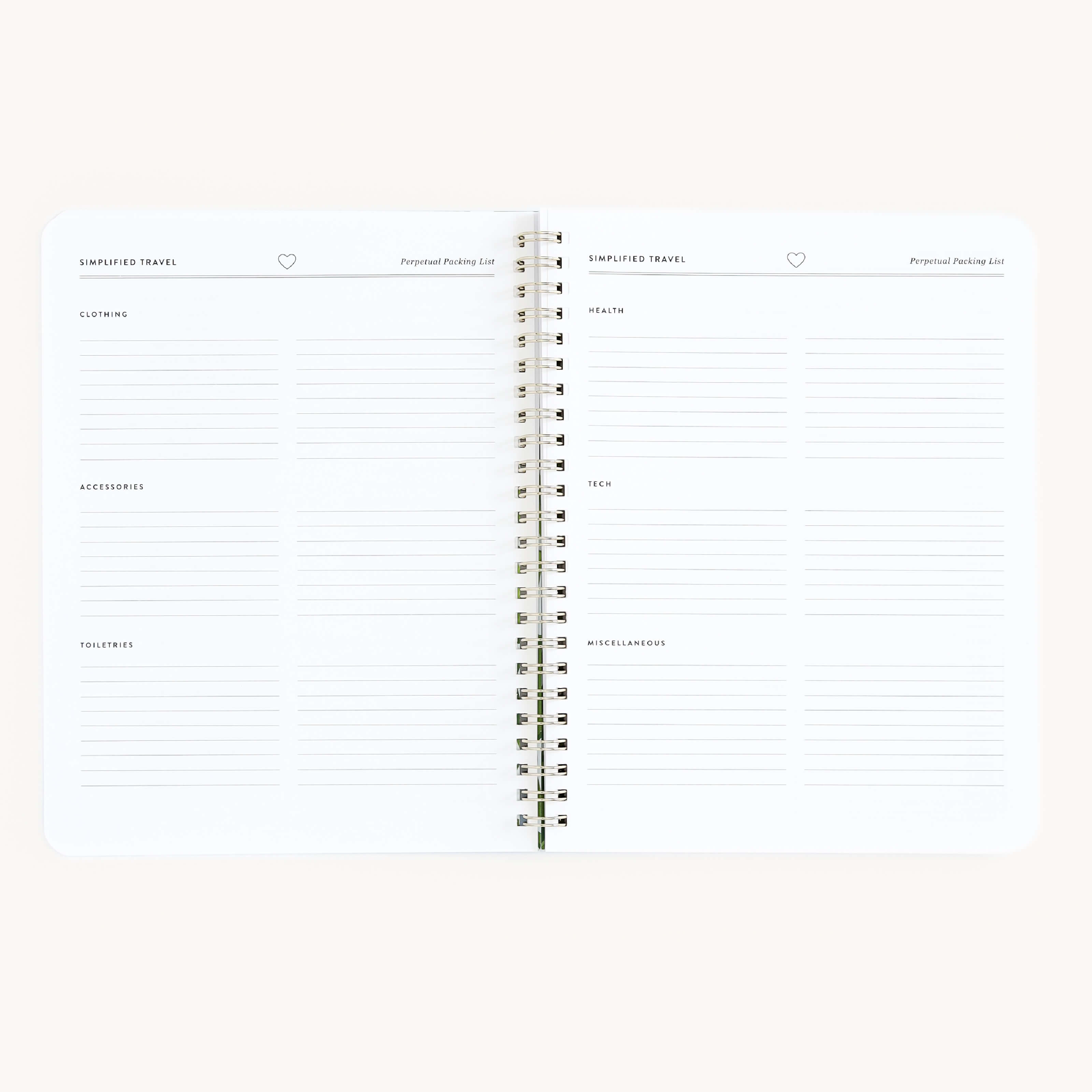 The Workbook - Travel Planning by Simplified is a spiral-bound notebook with white lined pages and black text, featuring sections for clothing, accessories, toiletries, health, tech, and misc. Its perfect for organizing your packing list and travel plans.