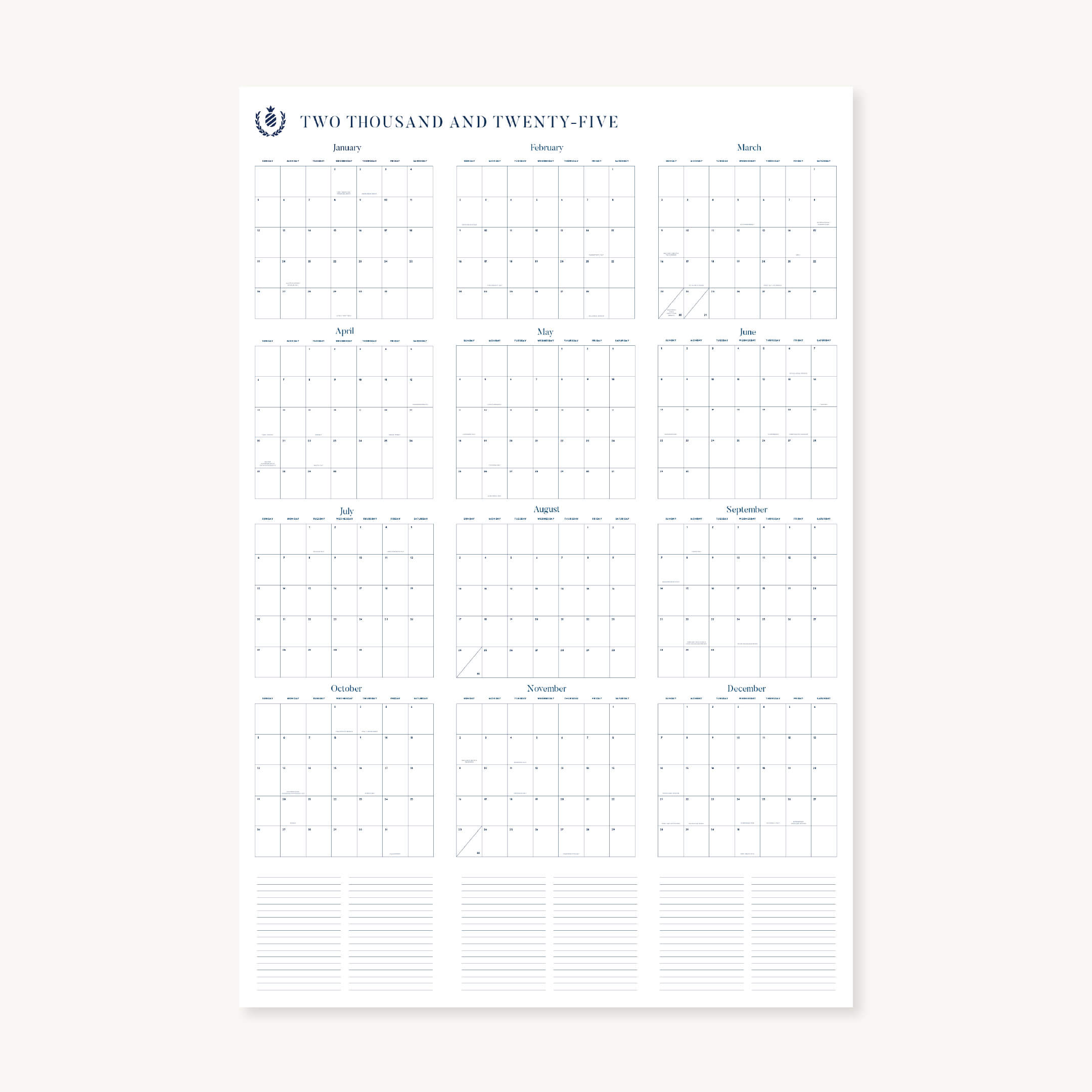 Explore Simplifieds 2025 Wall Calendar - Printable, a digital download. It showcases all twelve months arranged in a neat grid with organized boxes and extra note sections at the bottom.