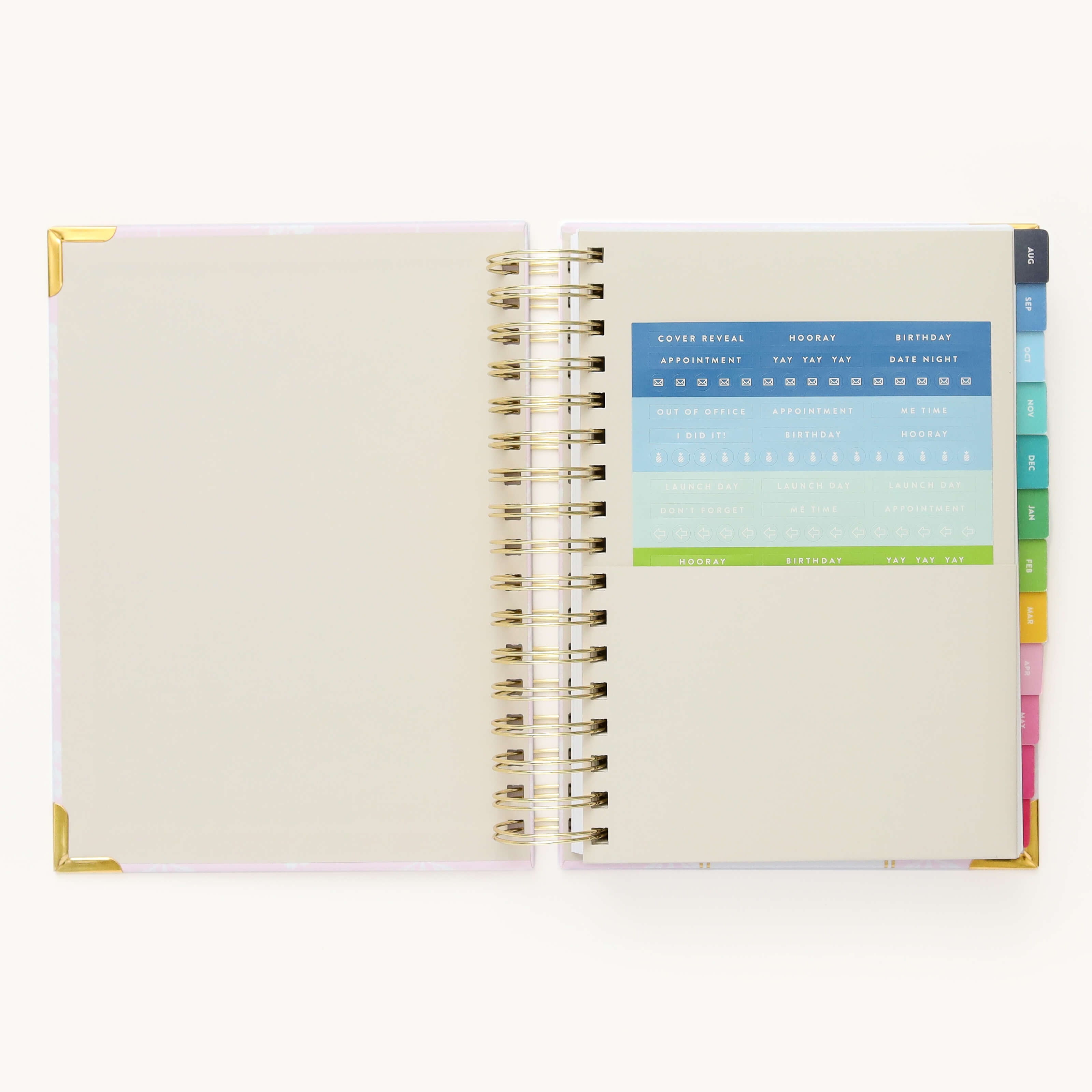 Colorful sticker sheet included in the inner pocket with the 2024-2025 Academic Year Daily Simplified Planner by Emily Ley in the Blush Block cover design for customization. 