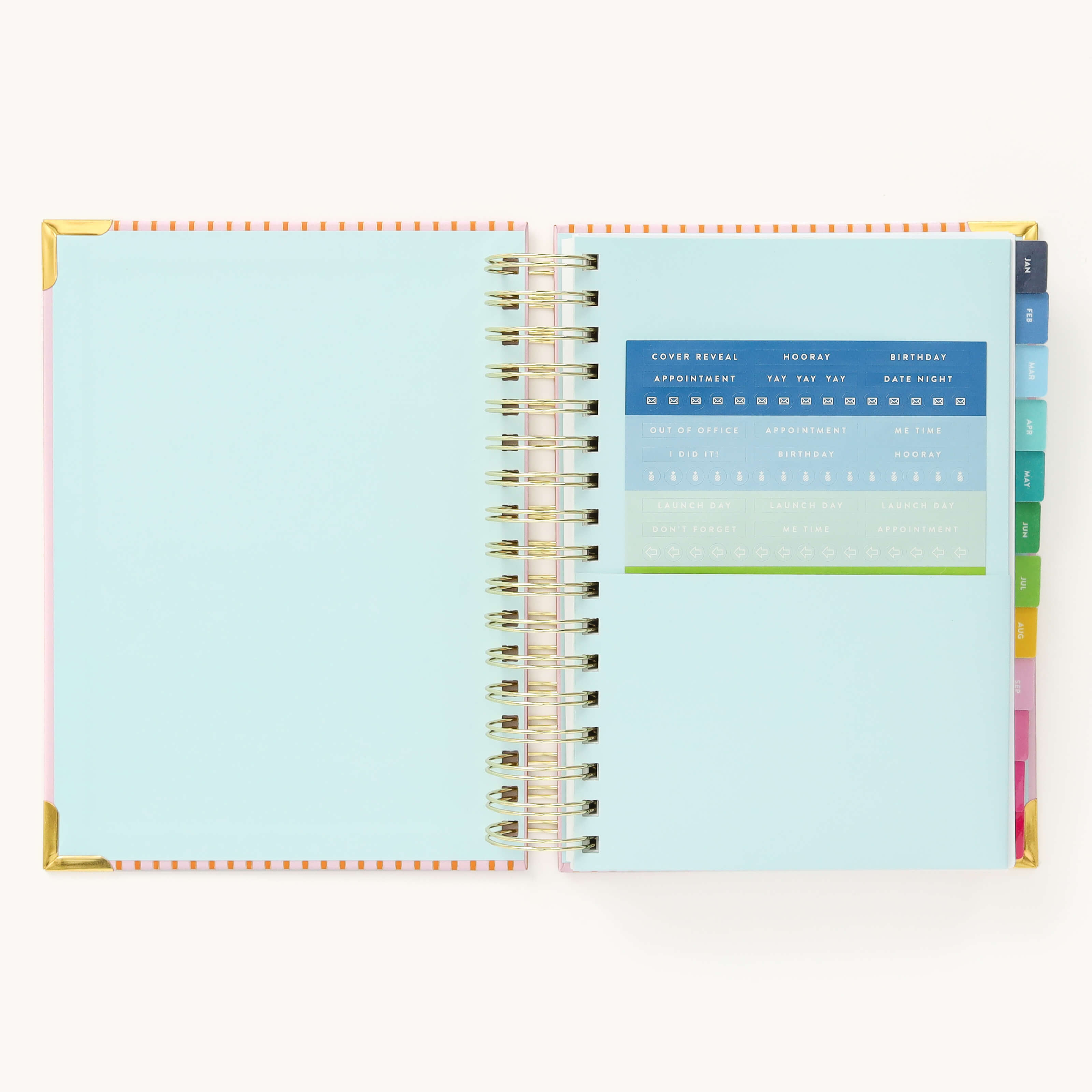 Colorful sticker sheet included in the inner pocket with the 2025 Calendar Year Daily Simplified Planner by Emily Ley in the Cabana Pinstripe cover design for customization. 