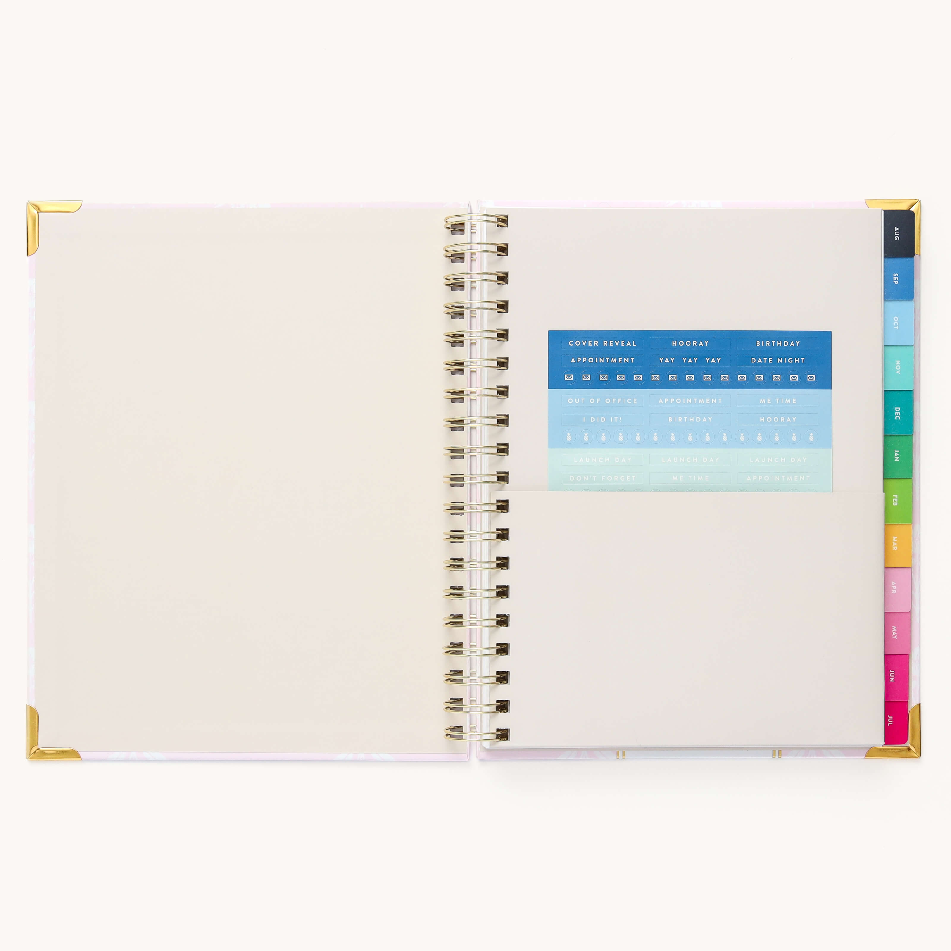 Colorful sticker sheet included in the inner pocket with the 2024-2025 Academic Year Weekly Simplified Planner by Emily Ley in the Blush Block cover design for customization. 