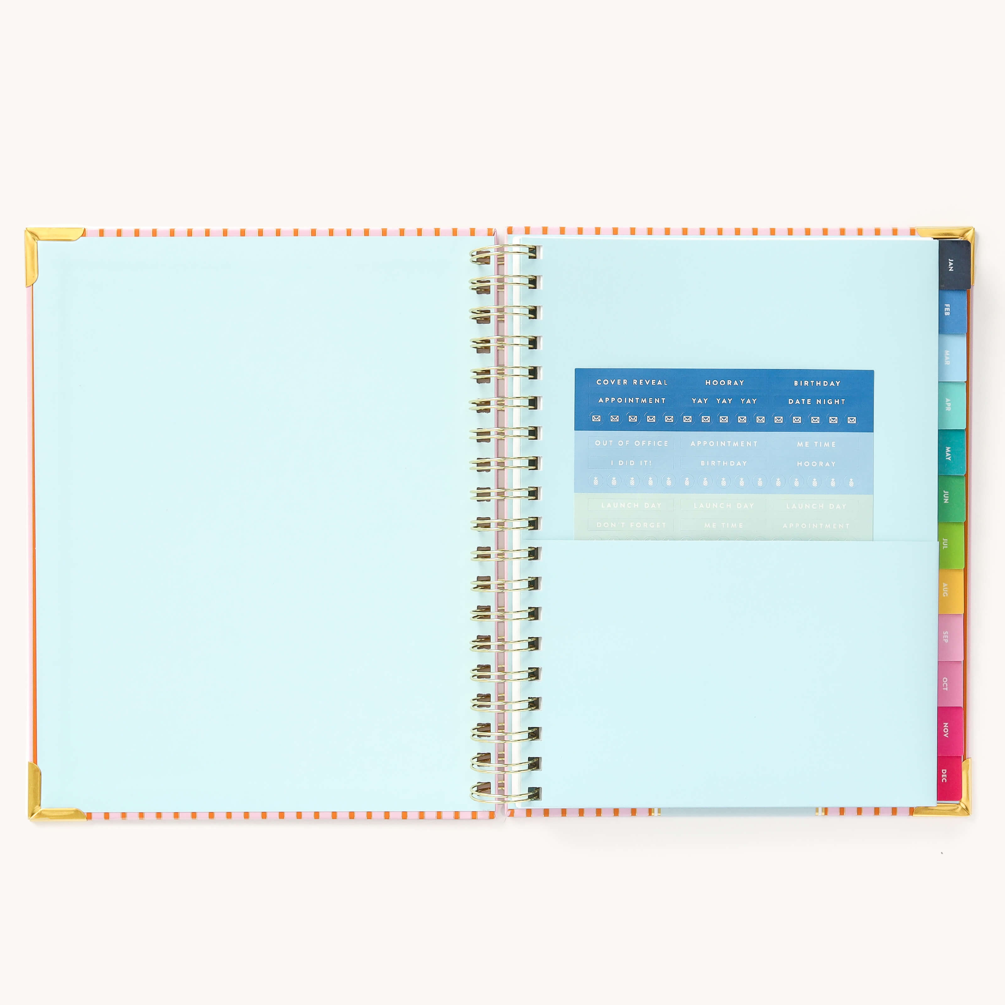 Colorful sticker sheet included in the inner pocket with the 2025 Calendar Year Weekly Simplified Planner by Emily Ley in the Cabana Pinstripe cover design for customization. 