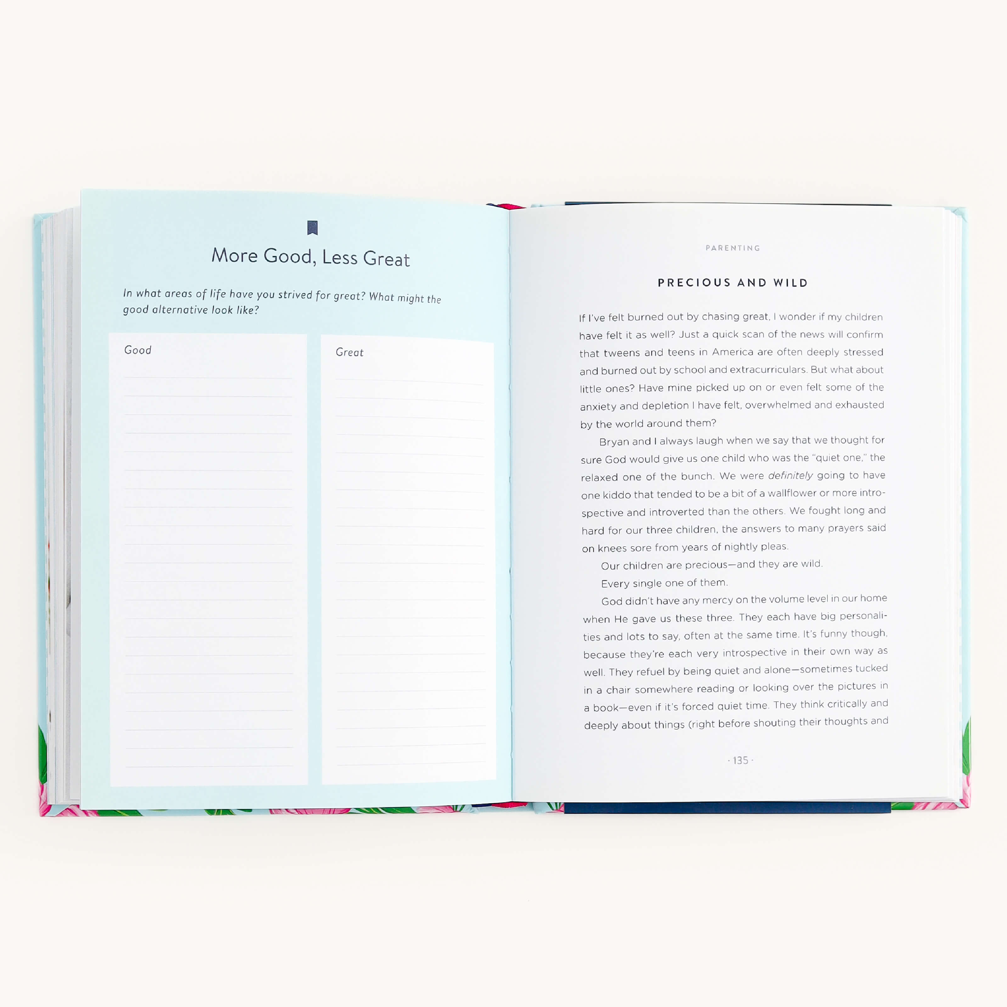 An open book reveals More Good, Less Great on the left, with blank columns for Good and Great. The right page in *When Less Becomes More* by Emily Ley, from Simplified, features an ode to childhood and parenting titled Precious and Wild, celebrating thoughtful living and simplicity.