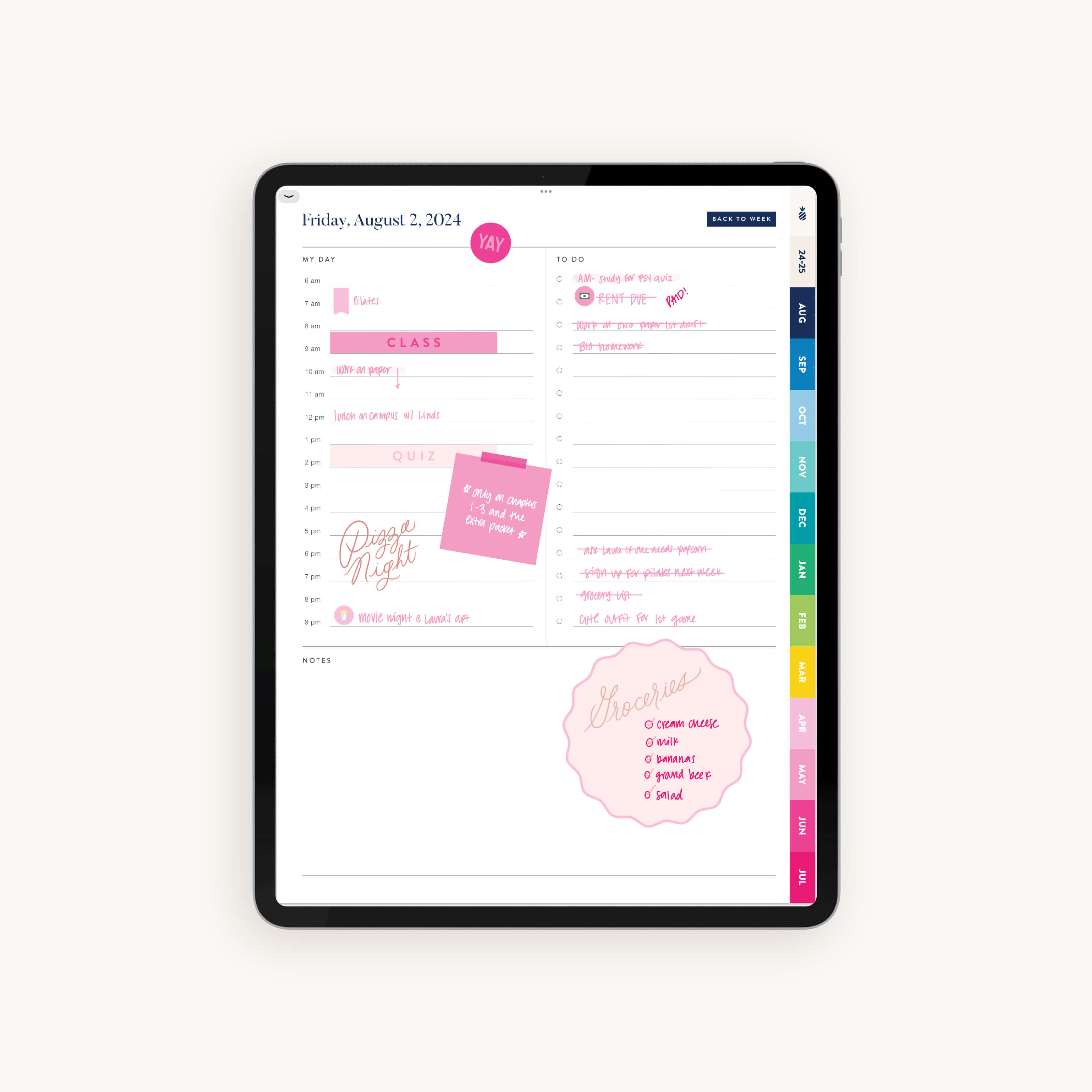 Daily planning page mocked up with grocery list in the 2024-2025 Digital Simplified Planner offering ample space for hourly scheduling, to-do lists, and notes, enhancing productivity for digital planners.