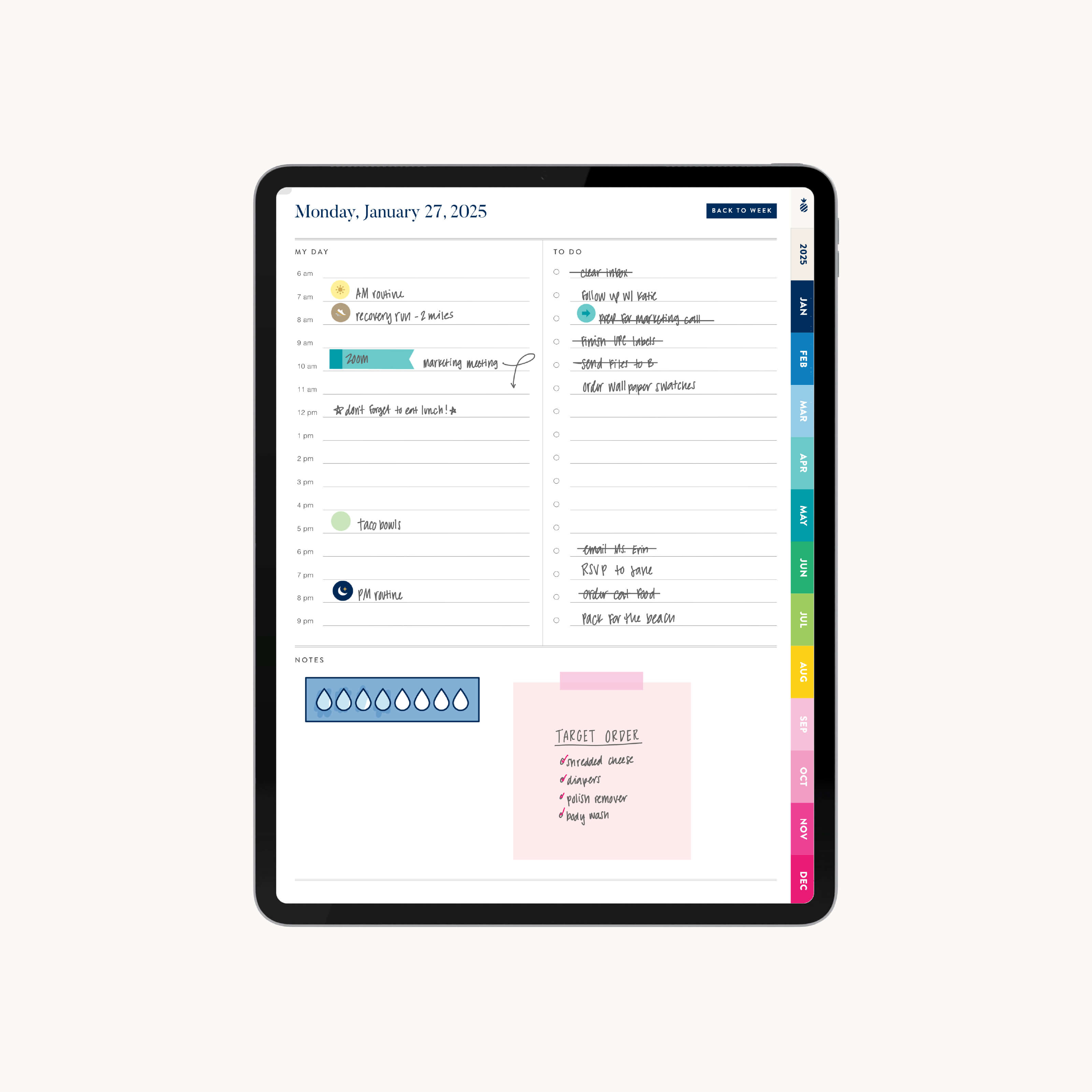 Daily planning page mocked up with grocery list in the 2025 Digital Simplified Planner offering ample space for hourly scheduling, to-do lists, and notes, enhancing productivity for digital planners.