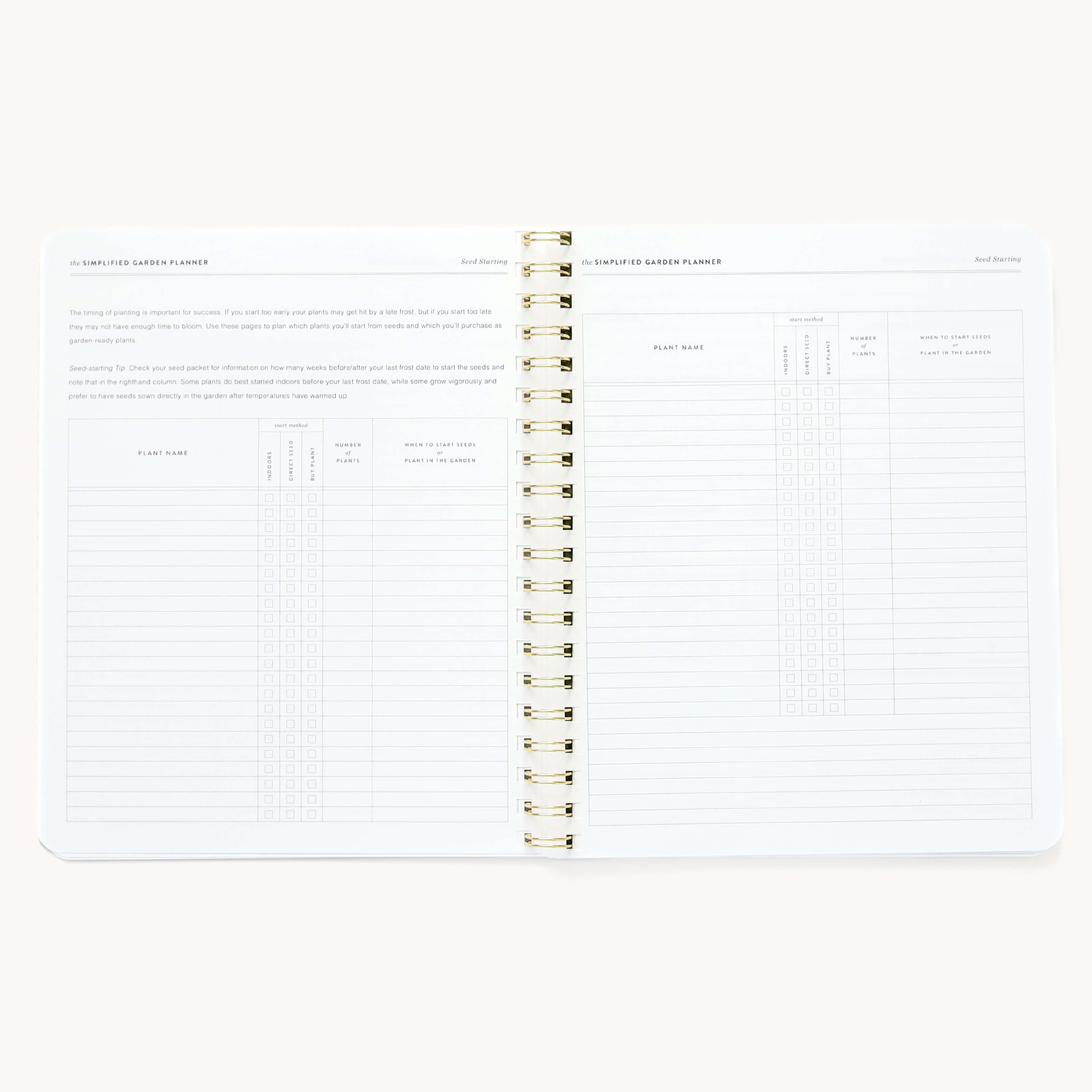 Simplified Garden Planner by Emily Ley open to the Seed Starting Tracker pages. Features structured columns for plant names, seed sources, germination tracking, and planting schedules.