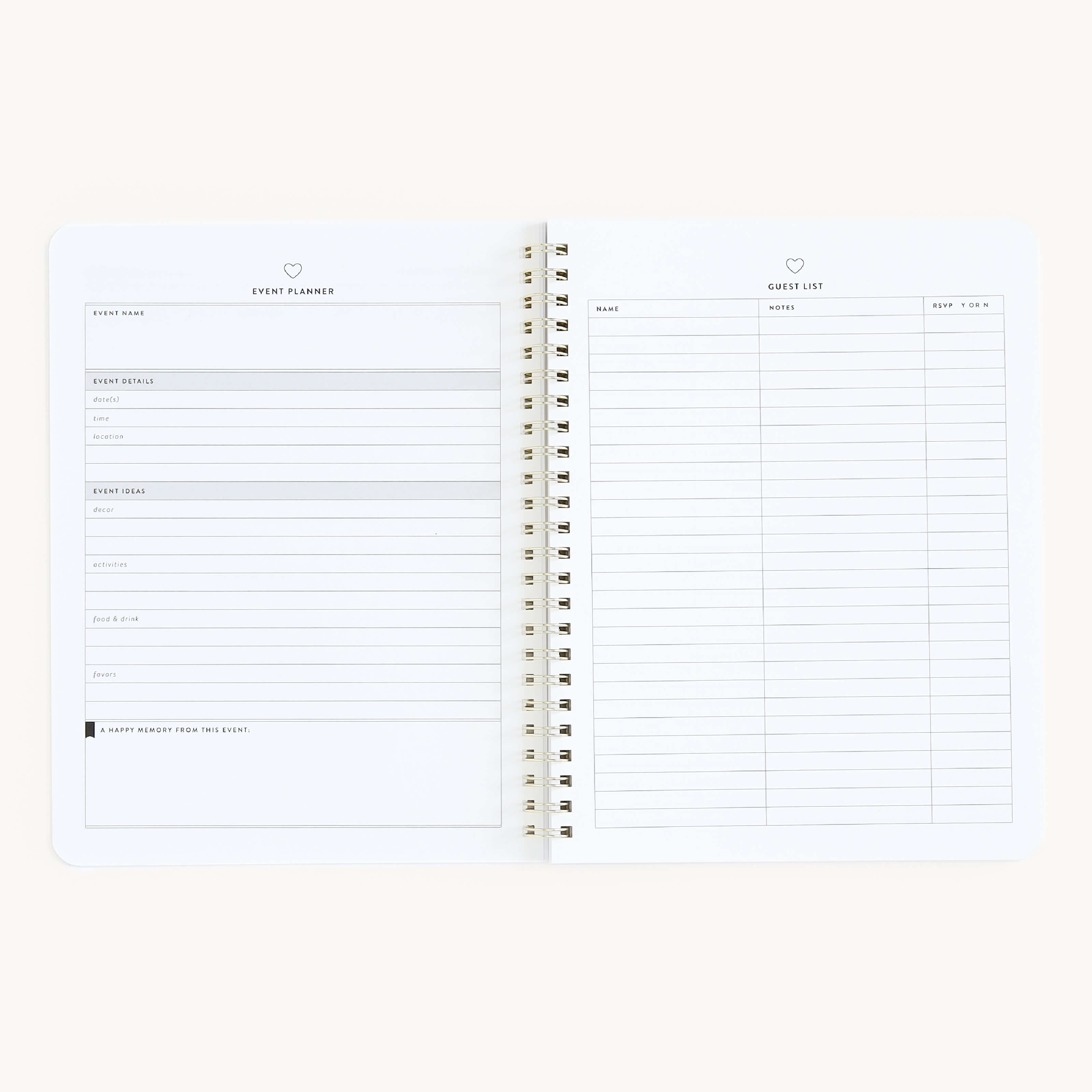 The Simplified Workbook - Hosting is a spiral-bound planner with Event Planner and Guest List pages, ideal for organizing event details, names, RSVPs, and contacts—perfect for managing your party supplies.