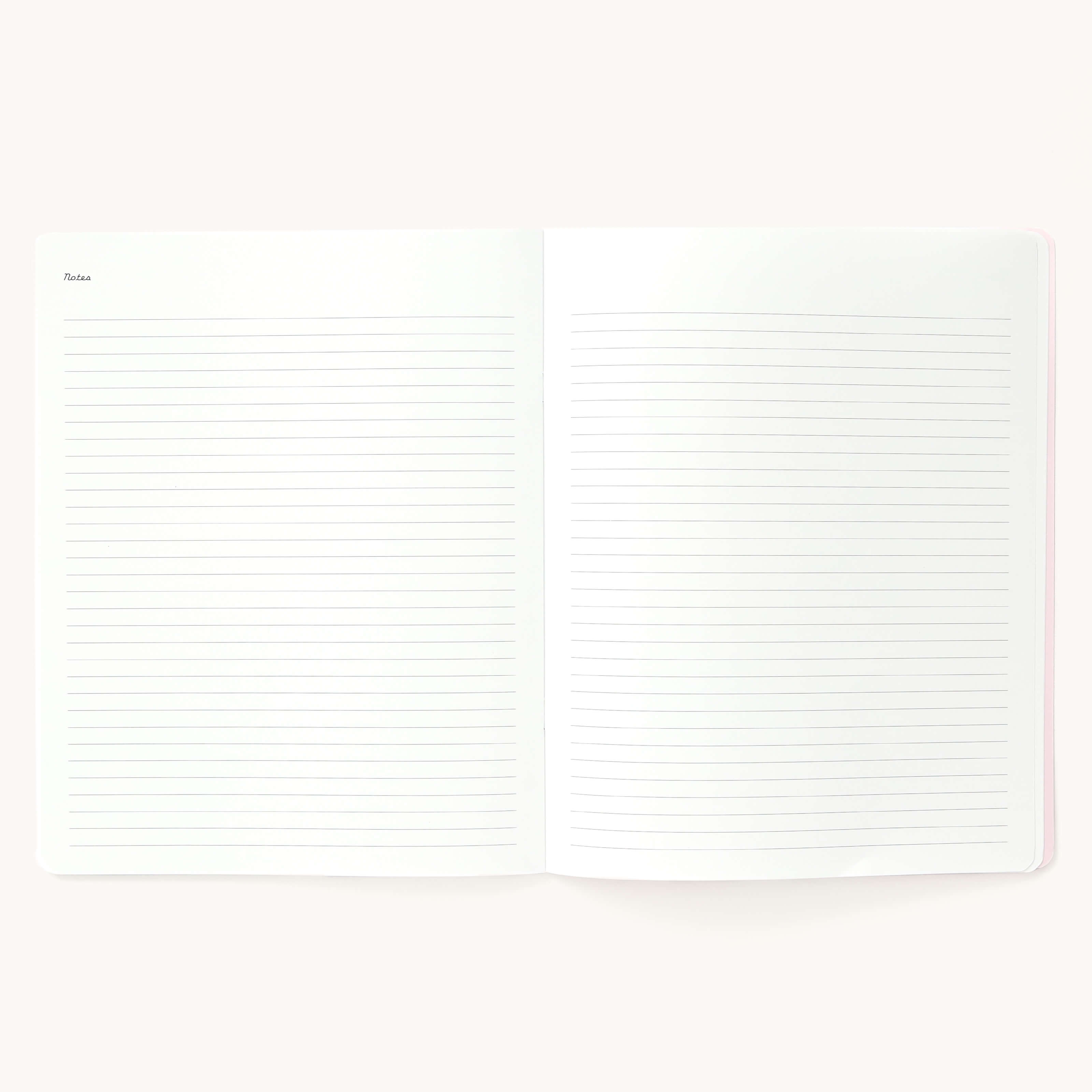 2025 Calendar Year Monthly Planner in the Happy Stripe cover open to the notes pages. Features a two-page spread with blank lined notes pages.