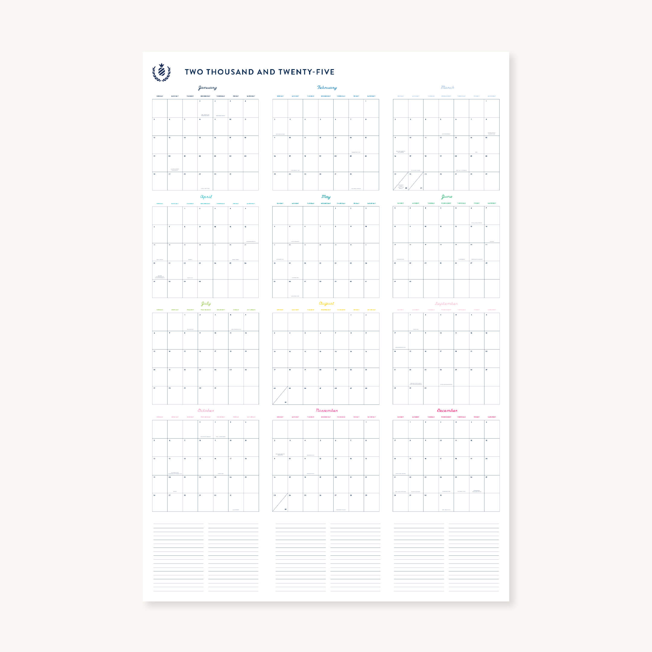 Explore the Simplified 2025 Wall Calendar - Printable, a digital download with a vibrant grid showcasing all twelve months. Each month features a unique color, and lined sections below provide space for notes.