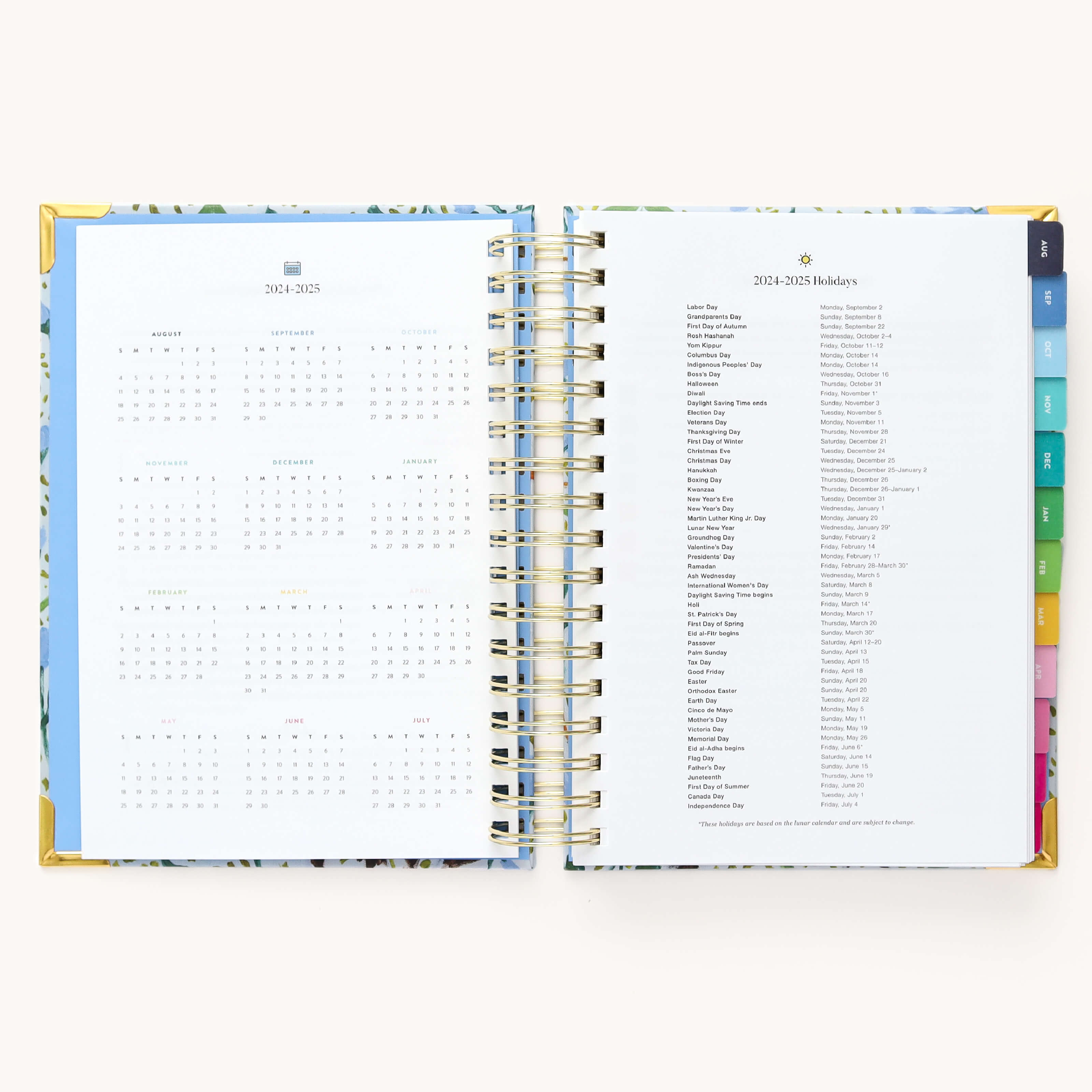 2024-2025 Daily Simplified Planner by Emily Ley in the Beaufort Birdies cover design open to the yearly calendar overview and holidays list. Features a two-page spread with a full 12-month calendar view on the left and important U.S. holidays on the right. 