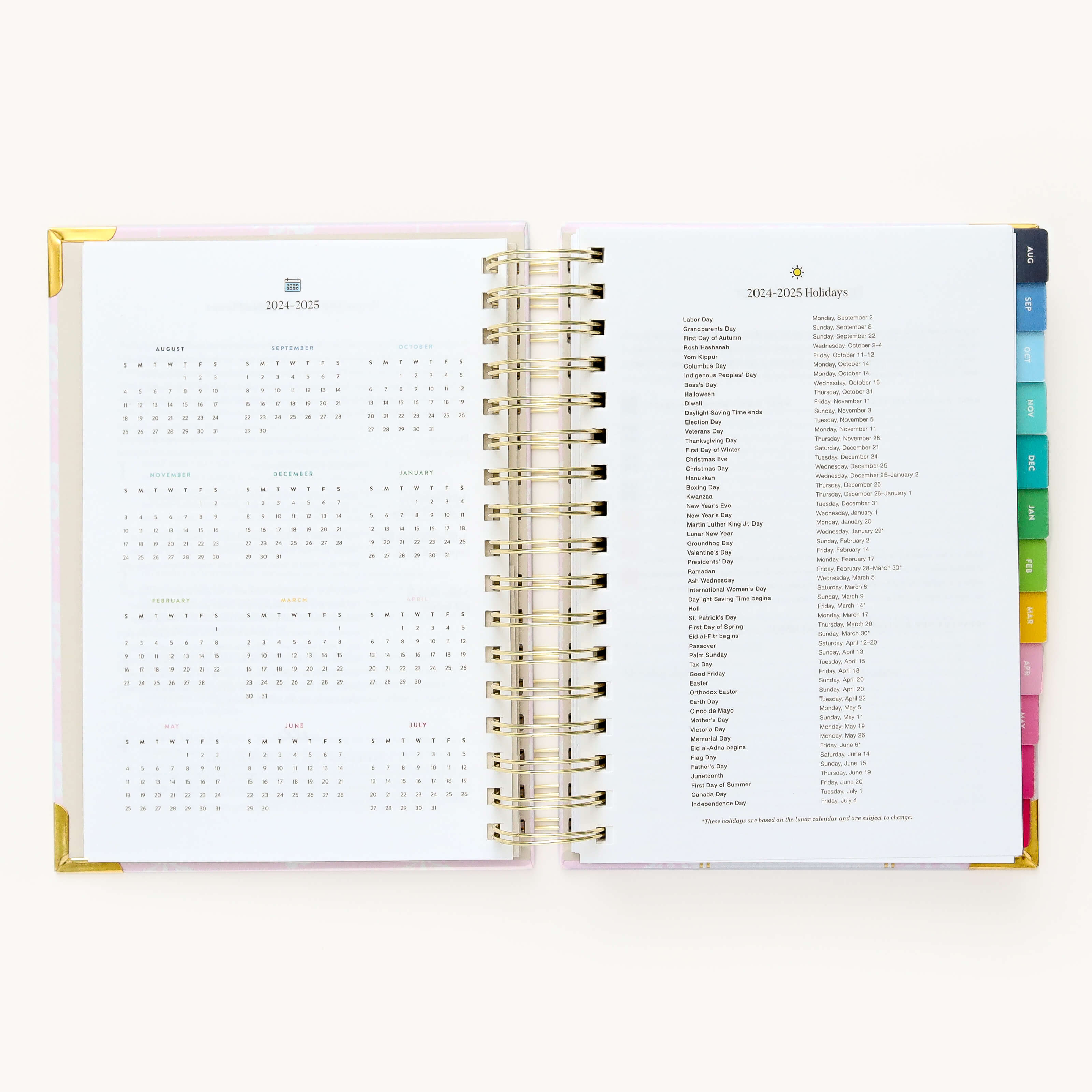 2024-2025 Daily Simplified Planner by Emily Ley in the Blush Block cover design open to the yearly calendar overview and holidays list. Features a two-page spread with a full 12-month calendar view on the left and important U.S. holidays on the right. 