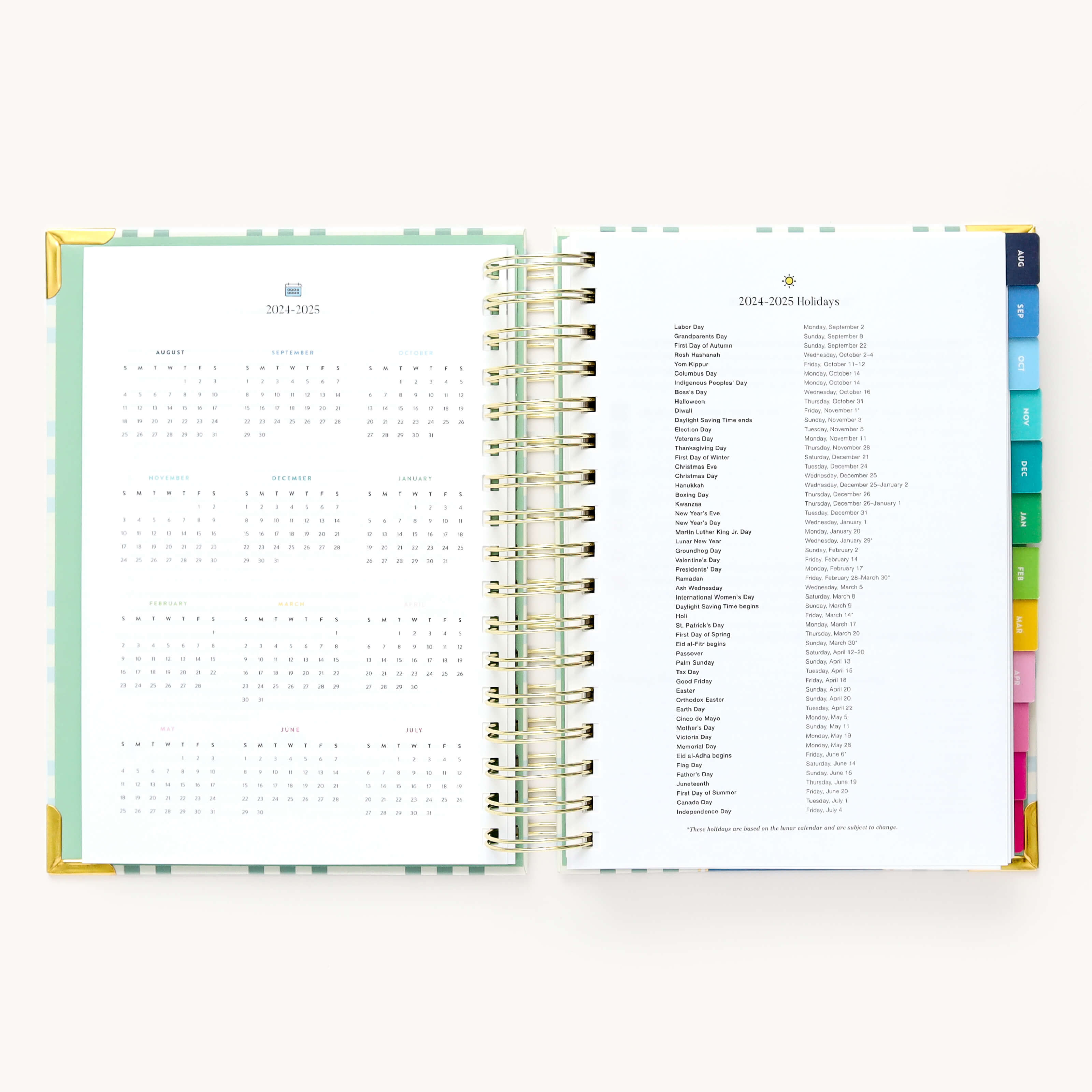 2024-2025 Daily Simplified Planner by Emily Ley in the Pistachio Plaid cover design open to the yearly calendar overview and holidays list. Features a two-page spread with a full 12-month calendar view on the left and important U.S. holidays on the right. 