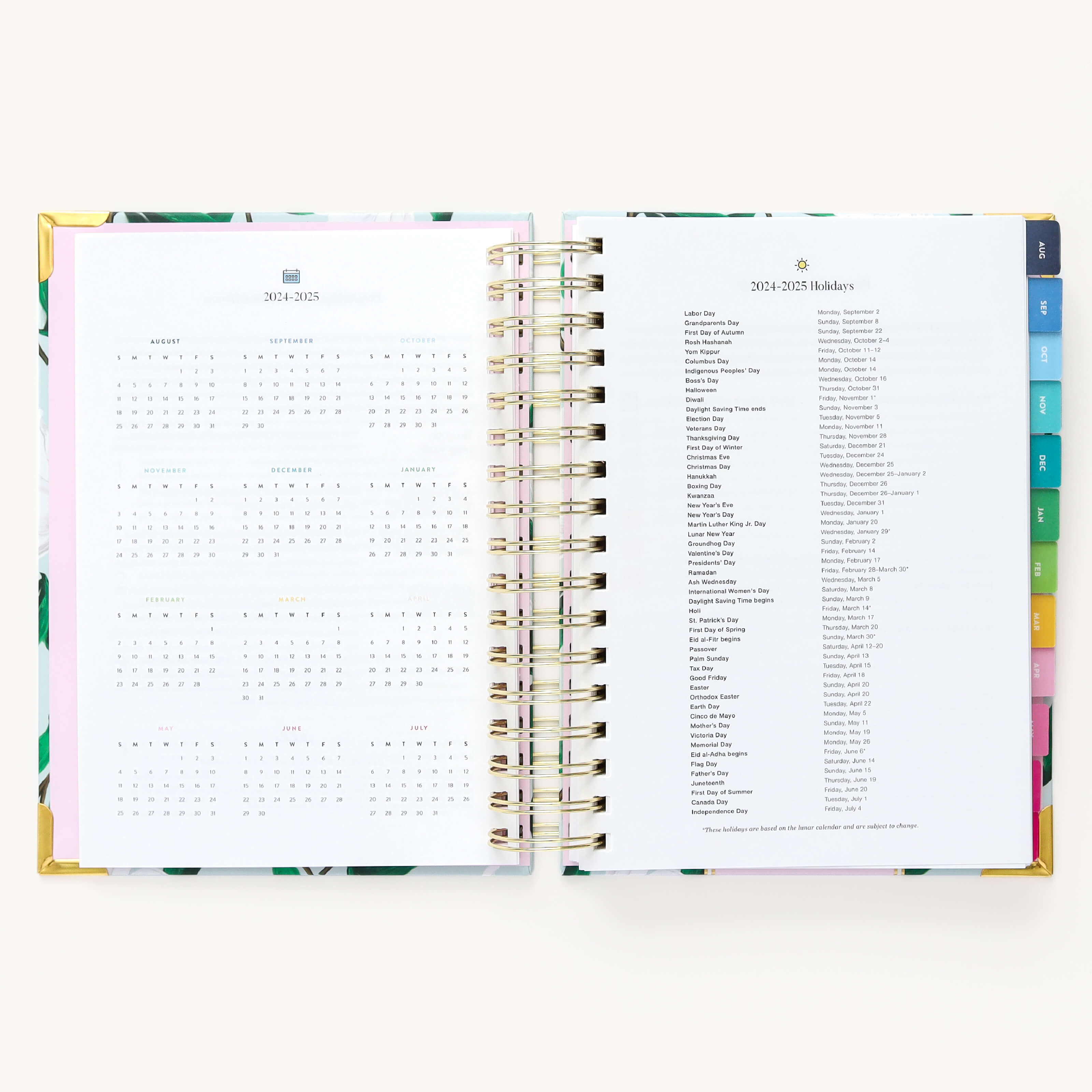 2024-2025 Daily Simplified Planner by Emily Ley in the Savannah Blooms cover design open to the yearly calendar overview and holidays list. Features a two-page spread with a full 12-month calendar view on the left and important U.S. holidays on the right. 