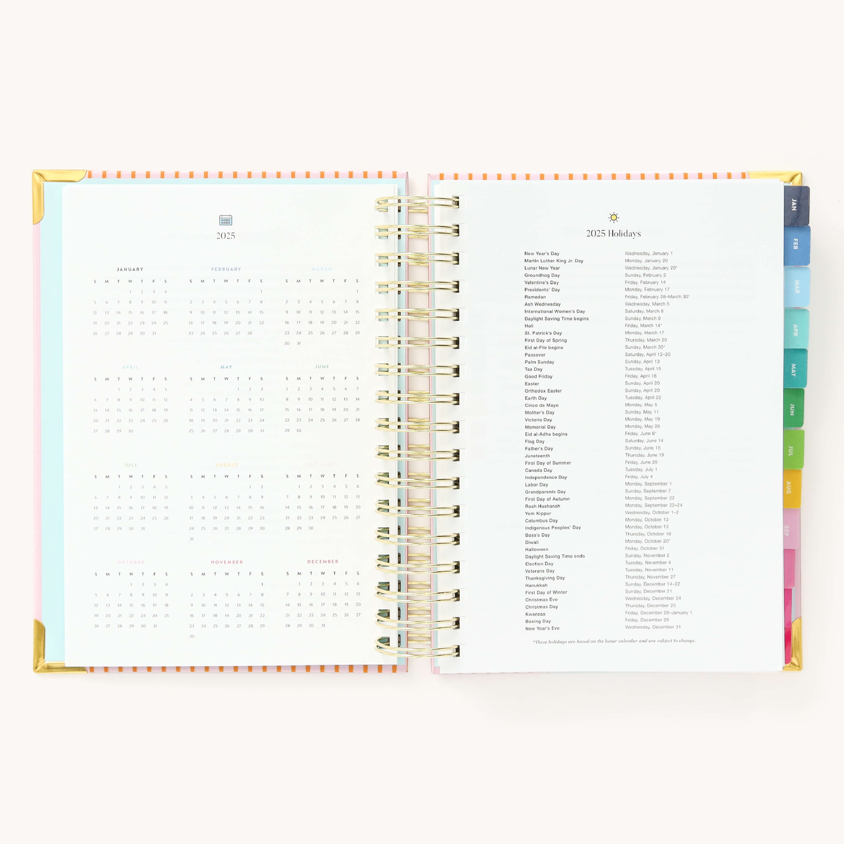 2025 Daily Simplified Planner by Emily Ley in the Cabana Pinstripe cover design open to the yearly calendar overview and holidays list. Features a two-page spread with a full 12-month calendar view on the left and important U.S. holidays on the right. 