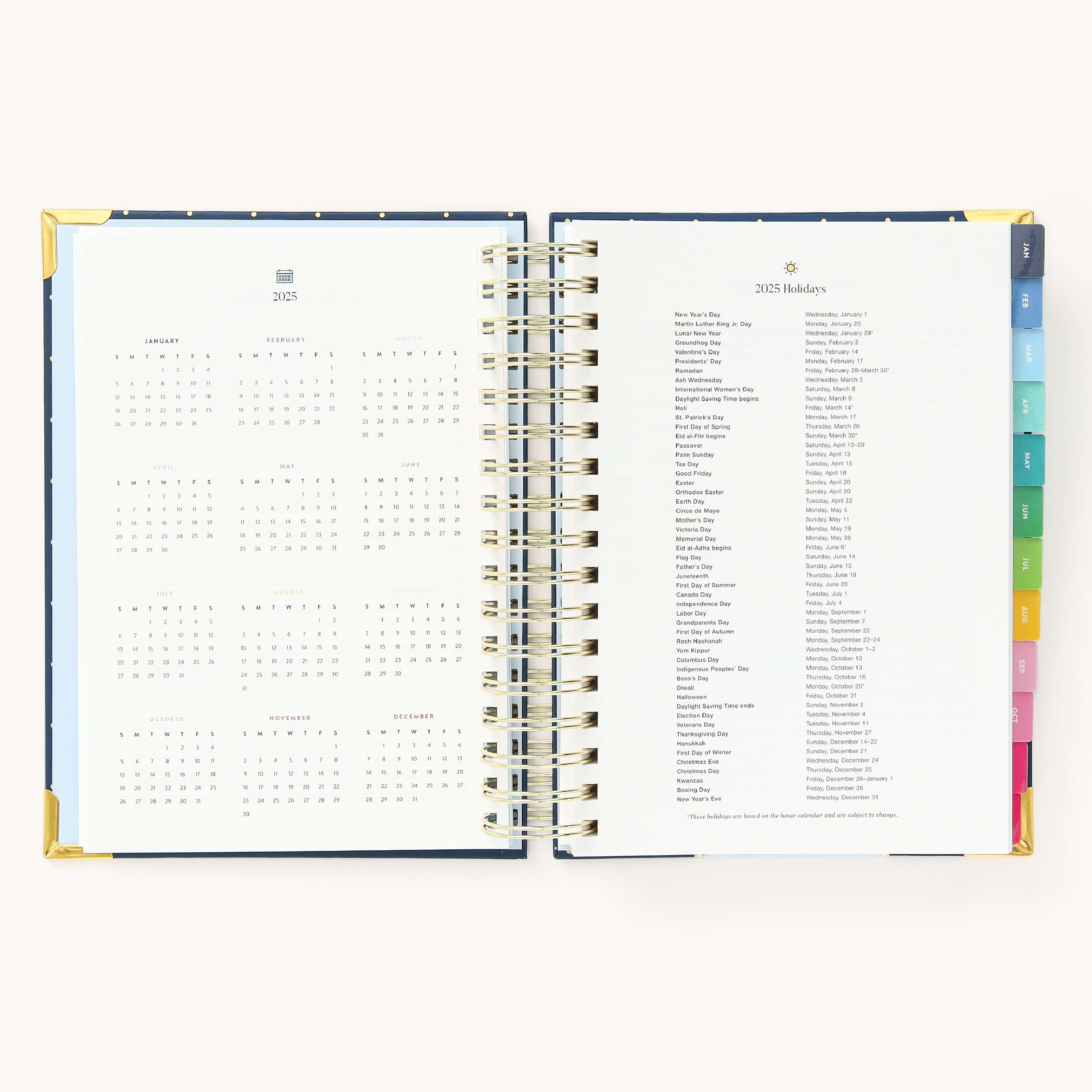 2025 Daily Simplified Planner by Emily Ley in the Dainty Dot cover design open to the yearly calendar overview and holidays list. Features a two-page spread with a full 12-month calendar view on the left and important U.S. holidays on the right. 