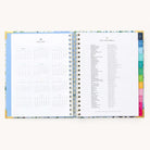 2024-2025 Weekly Simplified Planner by Emily Ley in the Beaufort Birdies cover design open to the yearly calendar overview and holidays list. Features a two-page spread with a full 12-month calendar view on the left and important U.S. holidays on the right. 