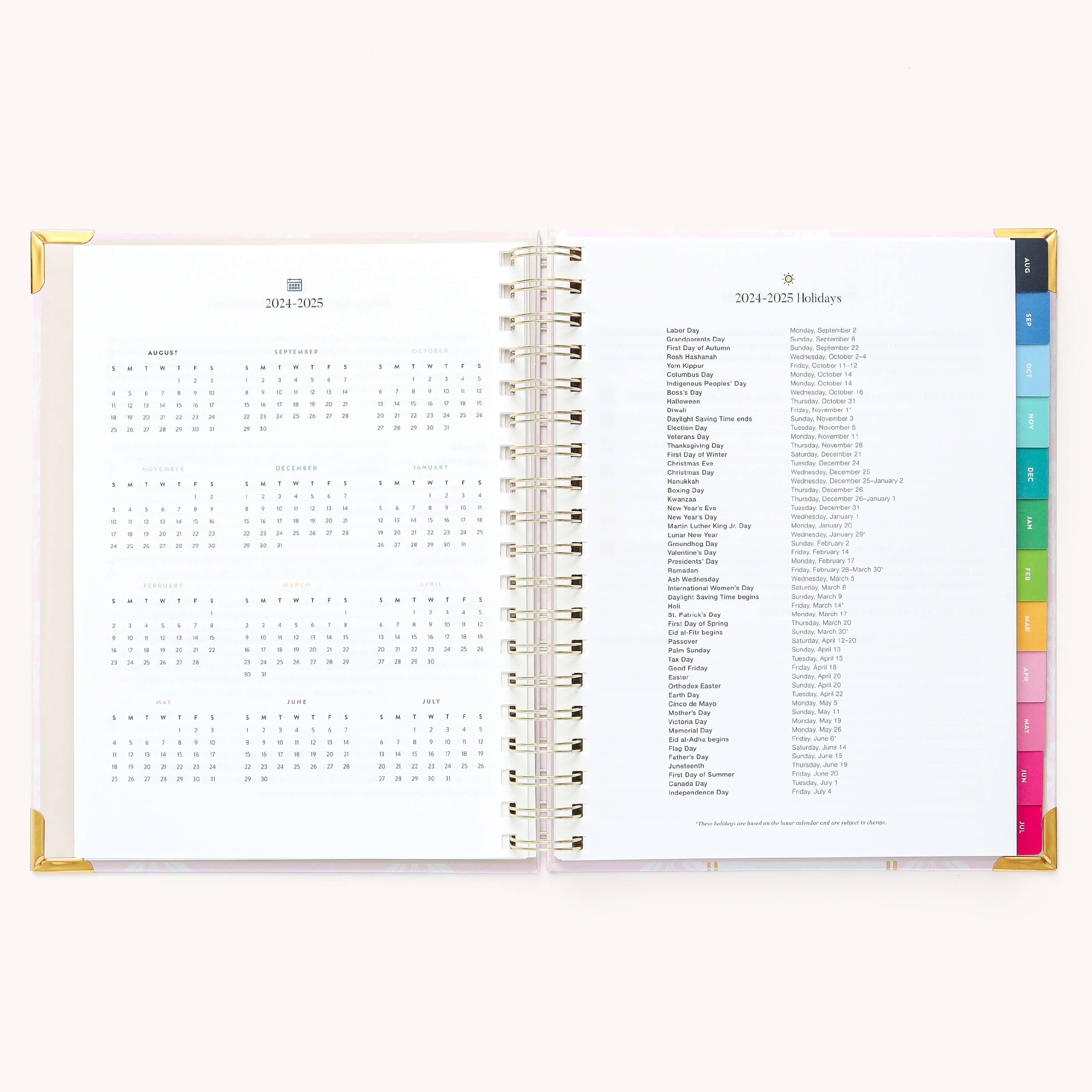 2024-2025 Weekly Simplified Planner by Emily Ley in the Blush Block cover design open to the yearly calendar overview and holidays list. Features a two-page spread with a full 12-month calendar view on the left and important U.S. holidays on the right. 