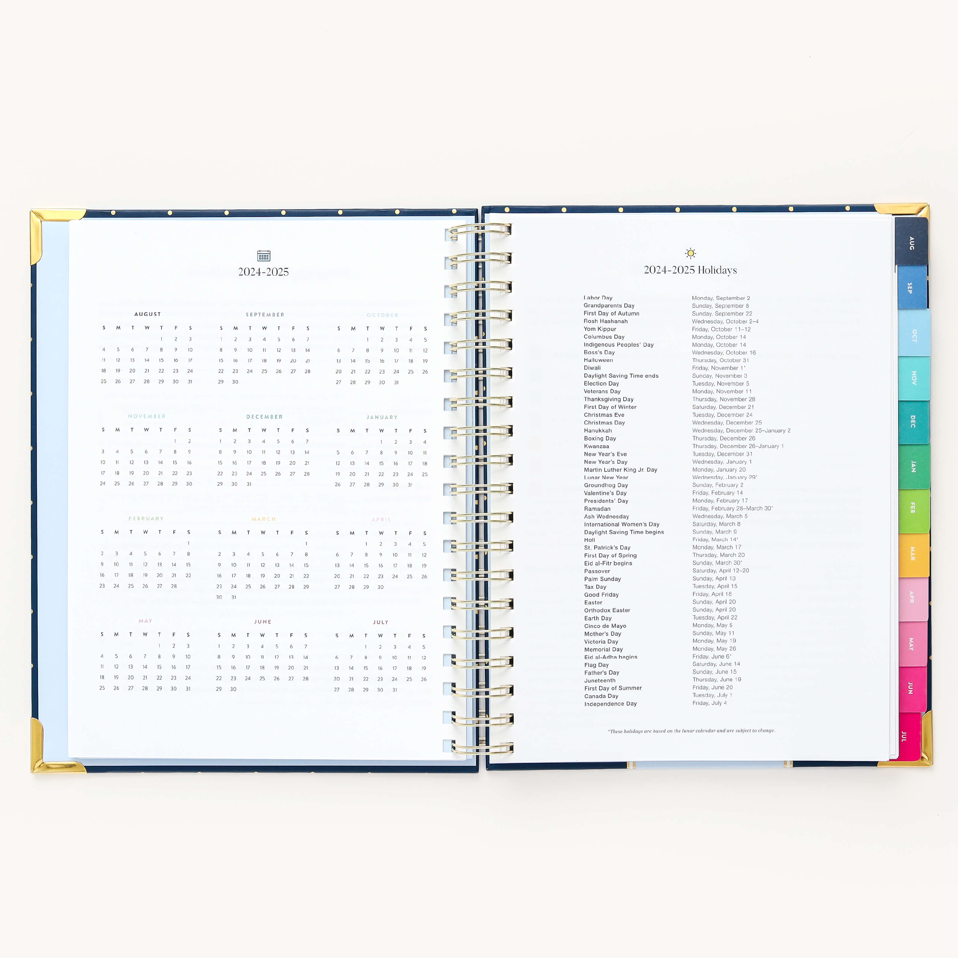 2024-2025 Weekly Simplified Planner by Emily Ley in the Dainty Dot cover design open to the yearly calendar overview and holidays list. Features a two-page spread with a full 12-month calendar view on the left and important U.S. holidays on the right. 