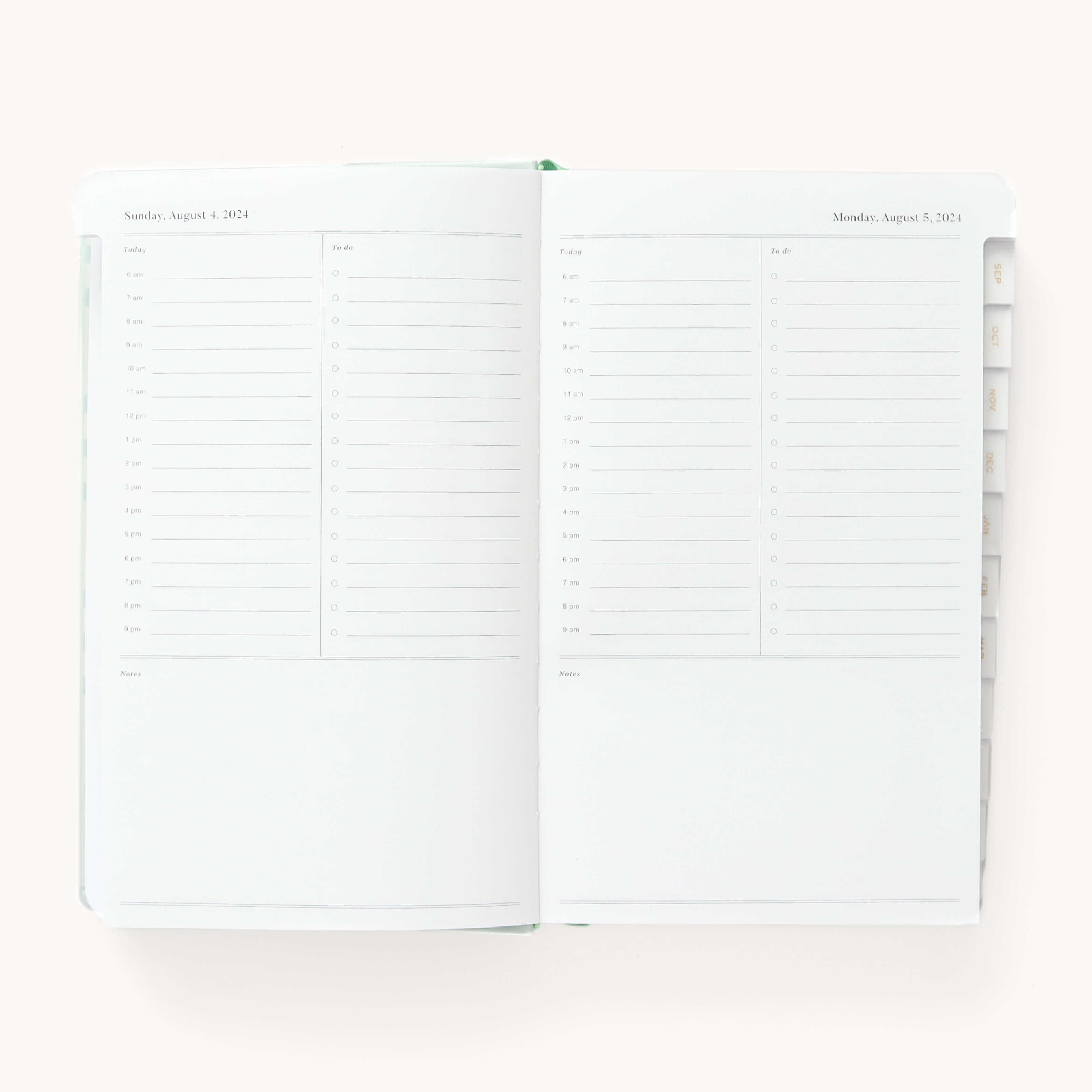 2024-2025 Daily Dapperdesk Planner by Emily Ley in the Sea Salt leatherette cover open to a two-page daily spread featuring Sunday and Monday. Features a clean, minimalistic design with lined sections for daily tasks, to-do lists, and notes.