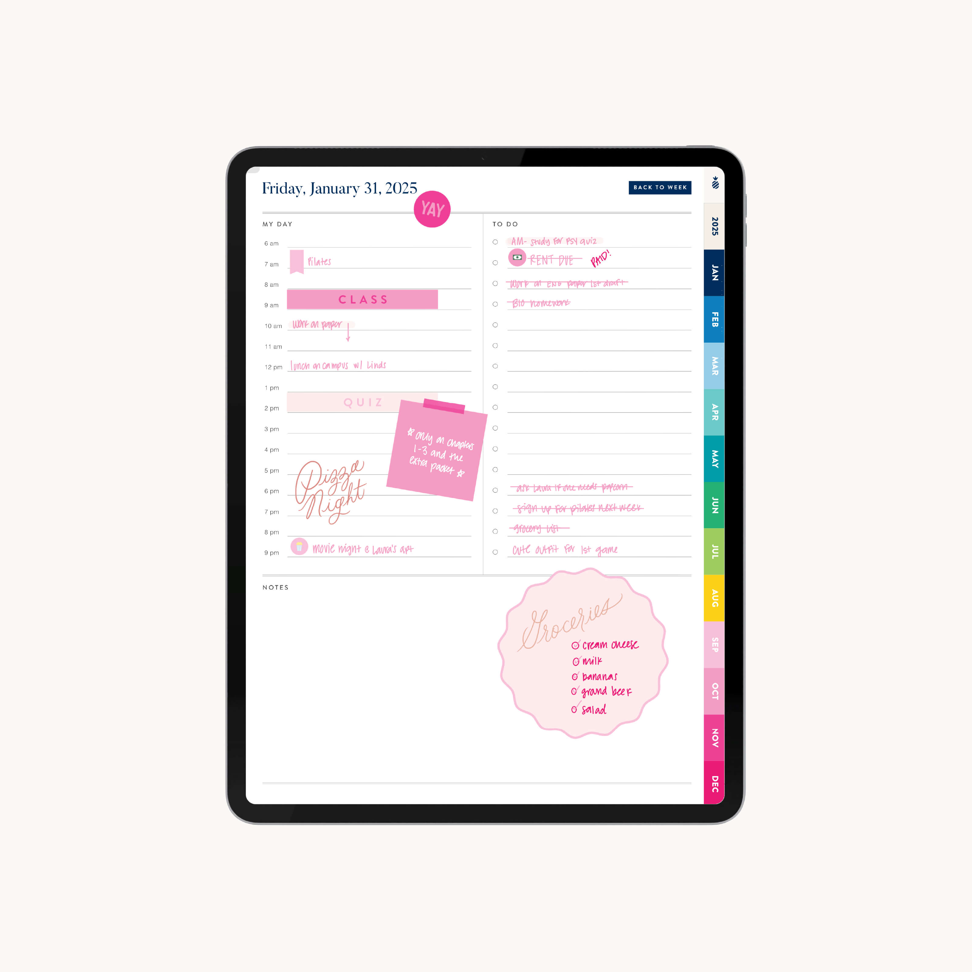 Weekly planning page mocked up with stickers in the 2025 Digital Simplified Planner offering ample space for hourly scheduling, to-do lists, and notes, enhancing productivity for digital planners.