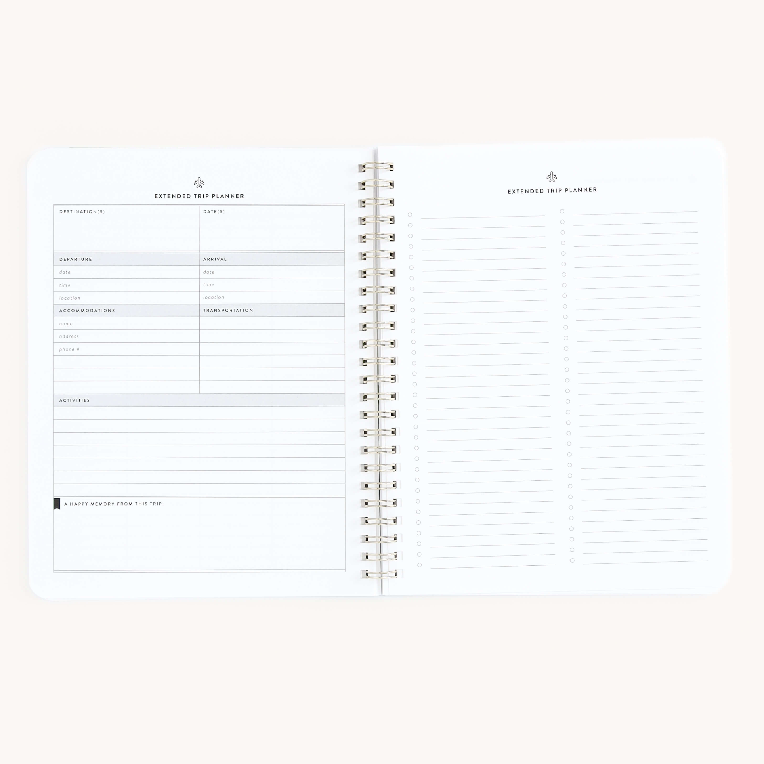 The open Simplified Workbook - Travel Planning shows two spiral-bound pages. The left page has sections for daily plans, goals, meals, activities, and travel plans. The right page, labeled Extended To-Do Planner, is lined for notes.