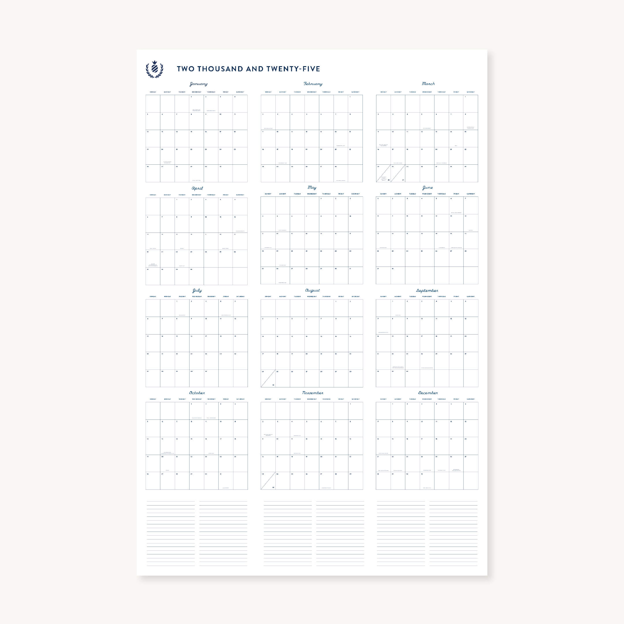 Explore the Simplified 2025 Wall Calendar - Printable, an engineered print masterpiece featuring a minimalist grid of all twelve months with note space at the bottom, blending functionality and style.