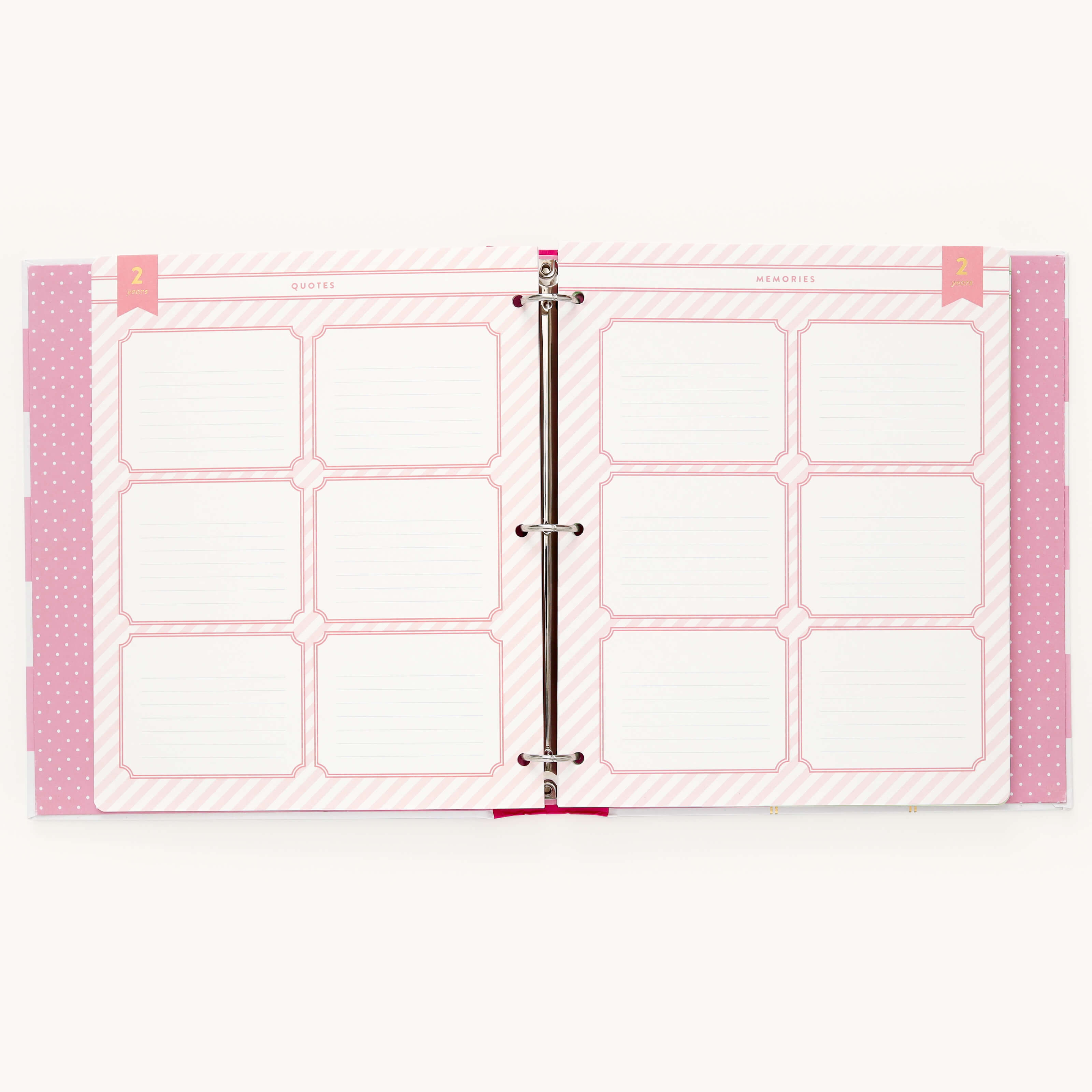 The Simplified Big Kid Book - Raspberry binder boasts pink accents and two vibrant pages, designed for a growing childs Quotes and Memories. Pink stripes and dots border each section, with binder rings shining centrally.