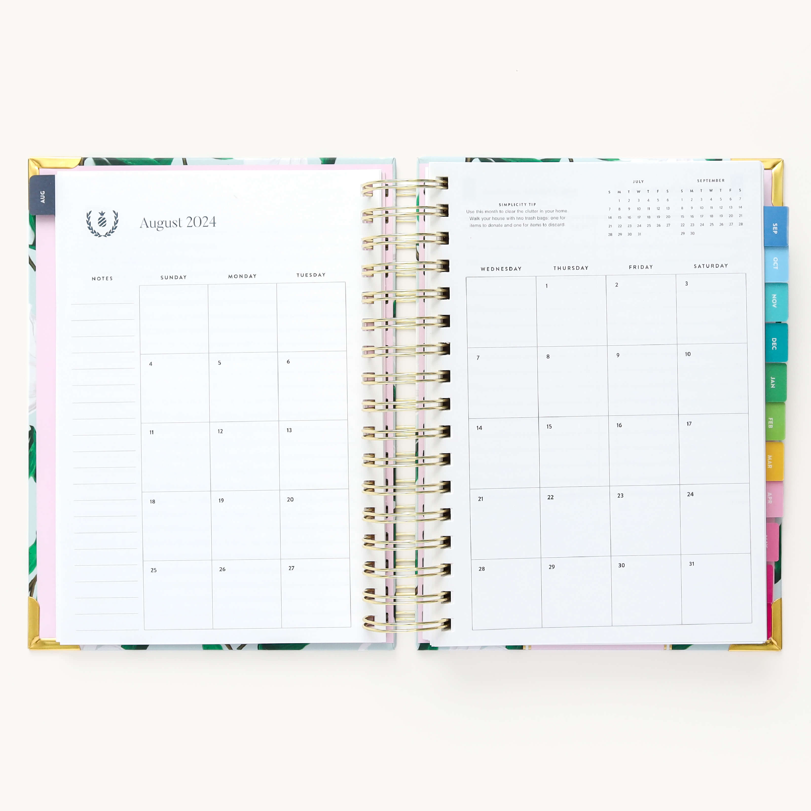 Monthly calendar spread in the 2024-2025 Daily Simplified Planner by Emily Ley in the Savannah Blooms cover design featuring a clean, minimalistic layout with space for goal setting, appointments, and important dates.