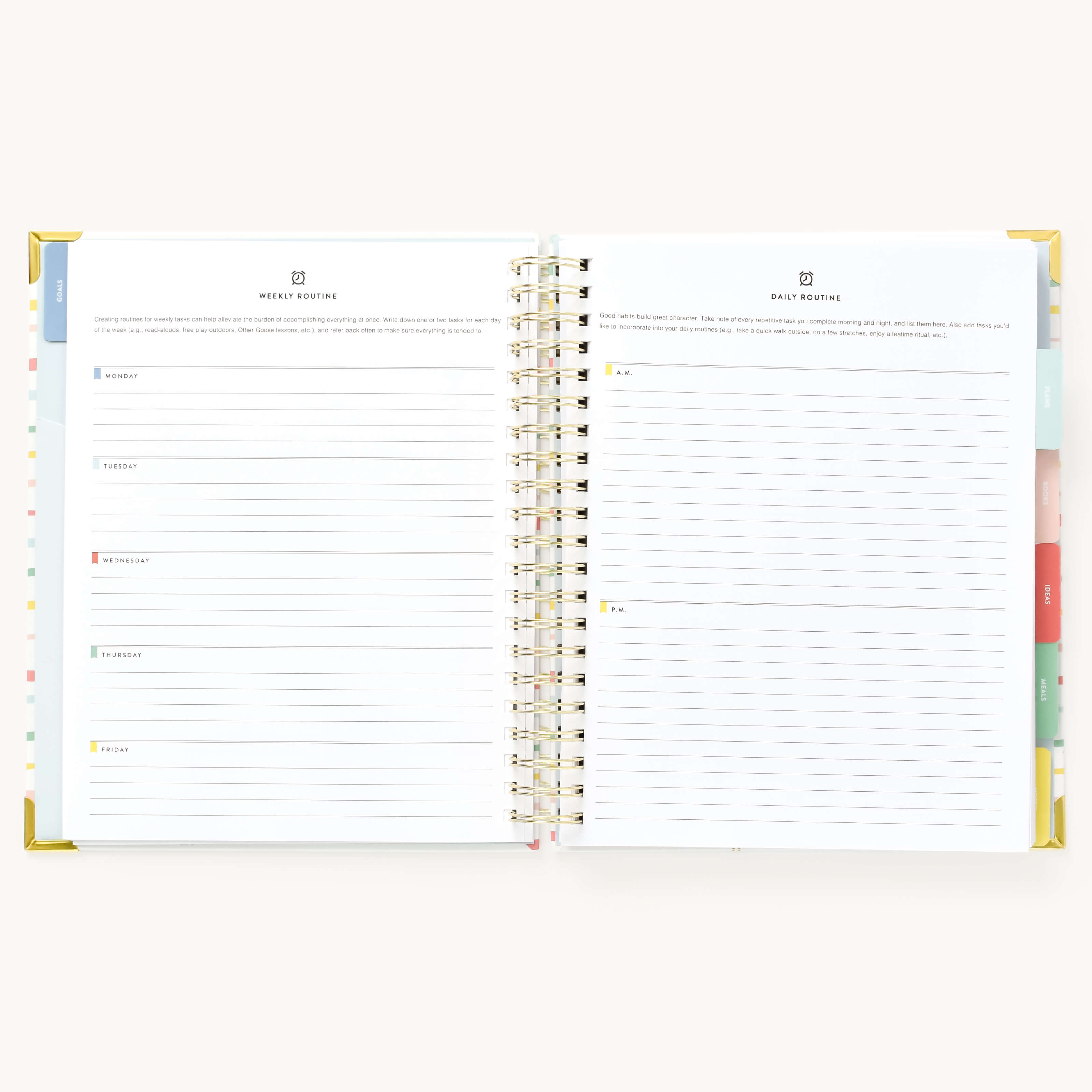 Simplified Planner by Emily Ley open to the Weekly and Daily Routine planning pages. The left page provides a structured layout for organizing weekly routines with designated sections for each weekday, while the right page features space for detailing morning and evening daily routines.