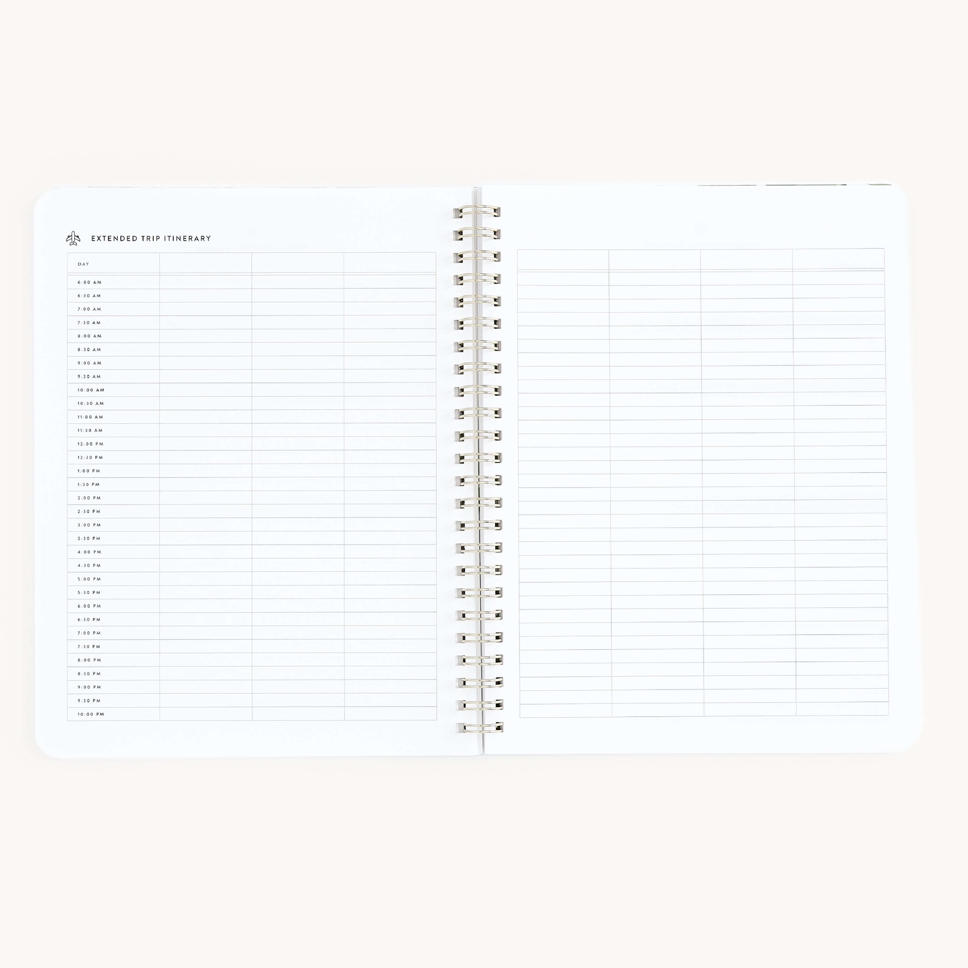 Open the Simplified workbook - Travel Planning, a spiral-bound guide with a two-page spread for extended trip itineraries. Each page includes grids for time and activities, ideal for detailed daily scheduling and travel plans.