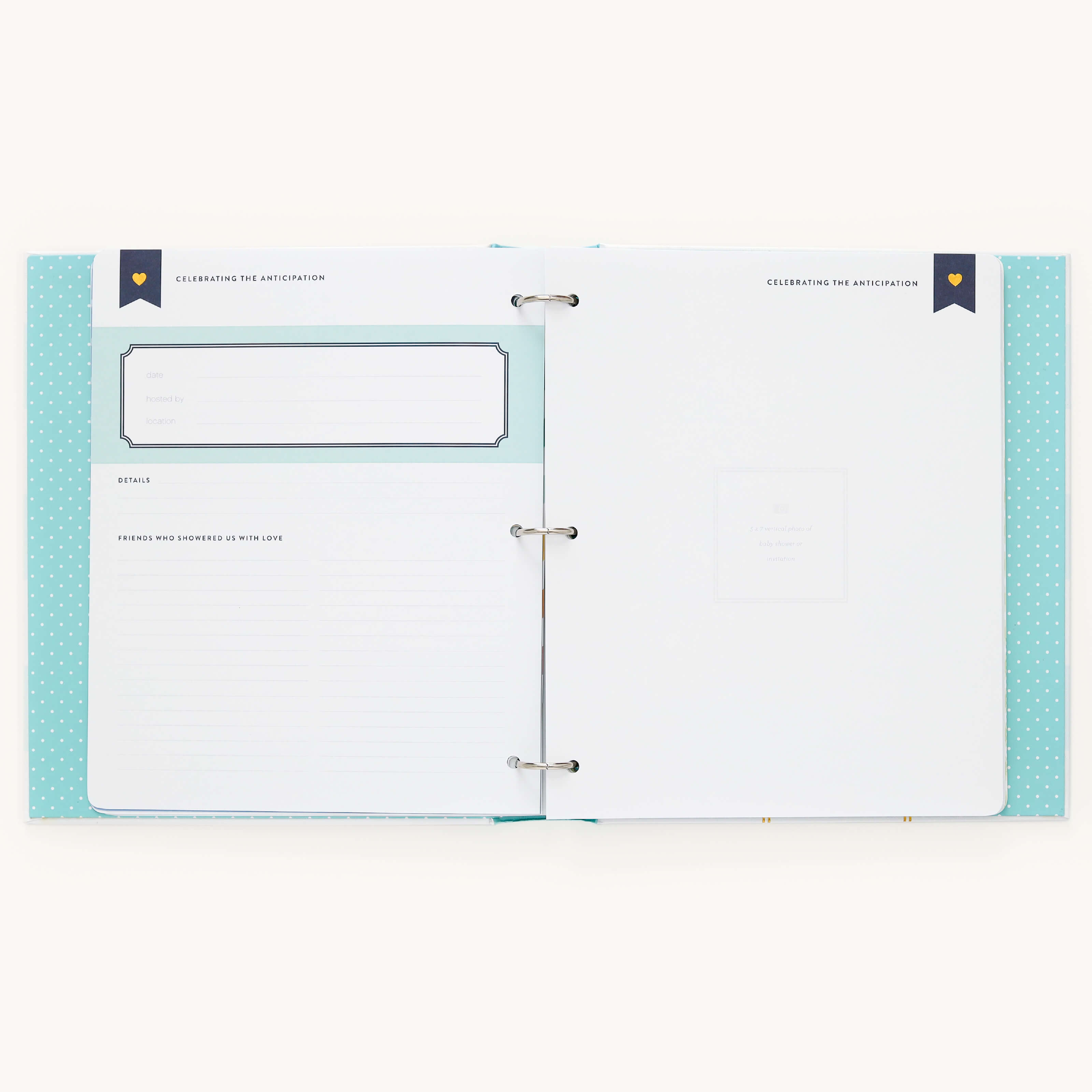 Open the Simplified Baby Book - Mint, featuring a teal cover with a dotted interior. The left page includes a Details section with label and writing space, while the right page is blank except for a top label. Secured by metal rings, its ideal for customizable pages or baby keepsakes.