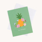 This vibrant HI FRIEND greeting card from Simplifieds Boxed Card Set is perfect for any occasion, featuring a whimsical pineapple design with pink and blue flowers and includes a white envelope.